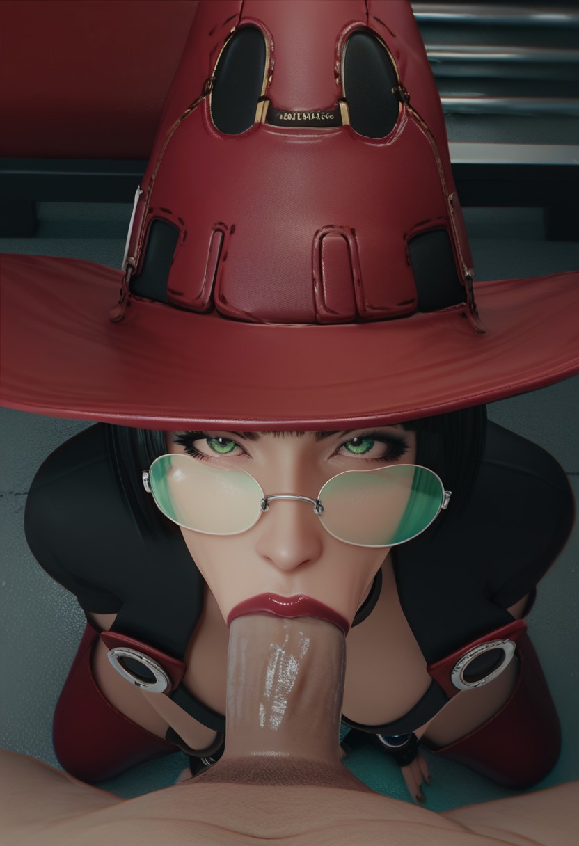 1boy 1girls 3d ai_generated blowjob bob_cut clothed_female clothed_female_nude_male deepthroat dominant_female eye_contact fellatio female glasses green_eyes guilty_gear guilty_gear_strive hat i-no light-skinned_female light-skinned_male lipstick looking_at_viewer male male_pov nude_male on_knees oral oral_sex pov red_lipstick short_hair sodaglow_artist tagme witch_hat