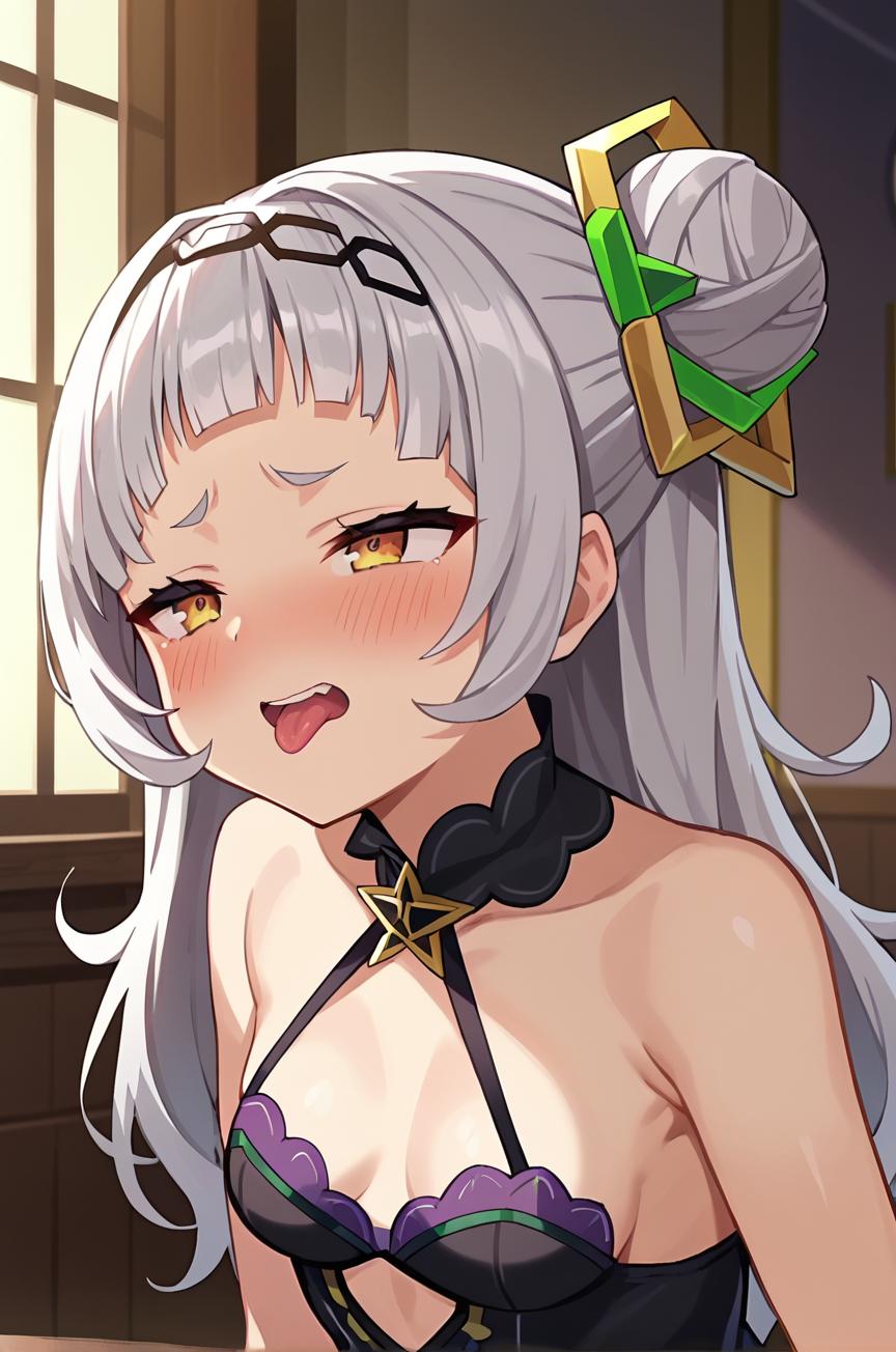 ai_generated bangs bare_shoulders blunt_bangs blush breasts collarbone dress eyebrows_visible_through_hair female hair_bun hair_ornament indoors long_hair oerba_yun_fang open_mouth silver_hair small_breasts solo upper_body