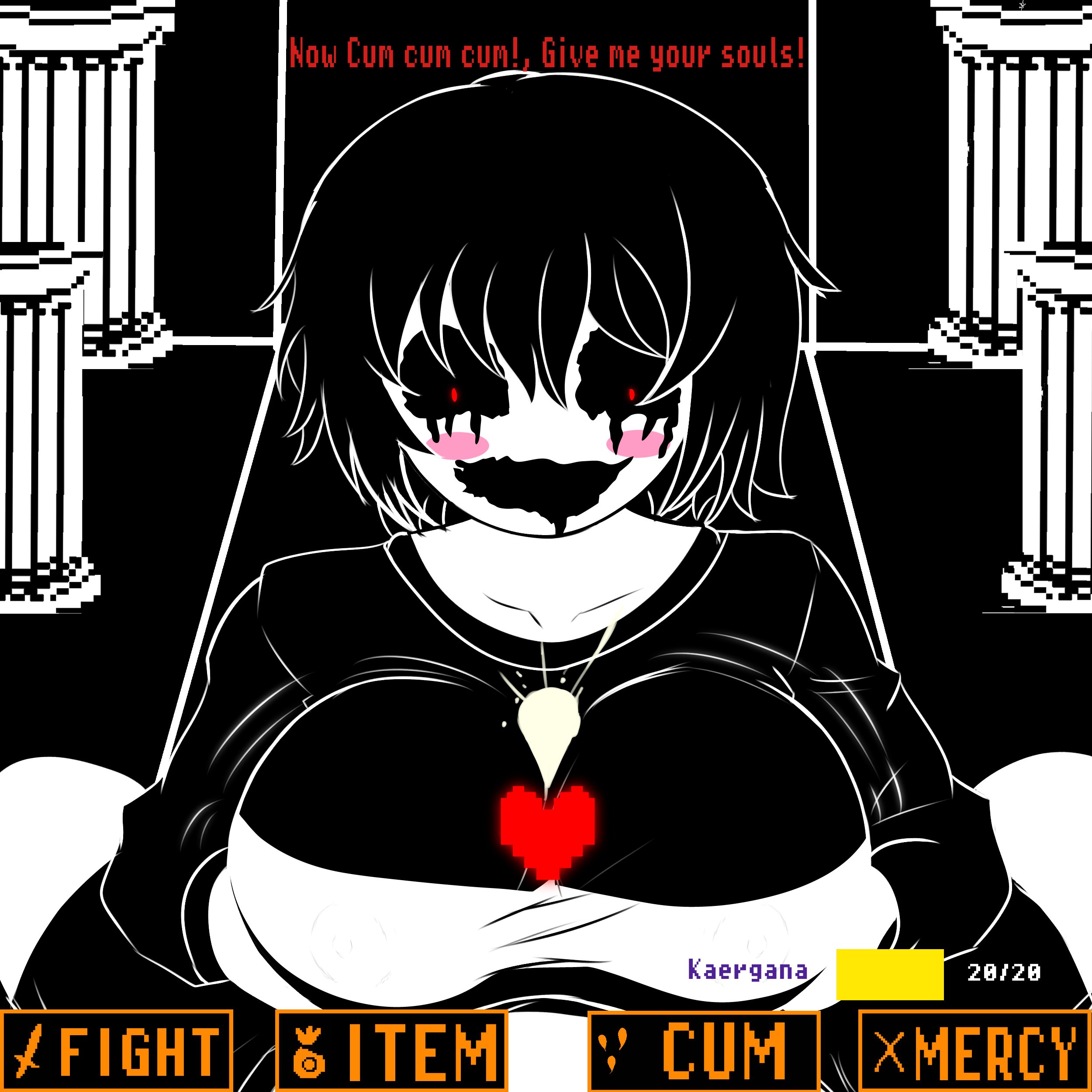 1girls, big breasts, big nipples, black hair, breasts, button, chara, chara (undertale), clothed, clothed female, cum, dialogue, evil smile, female, female chara, female focus, game background, heart, heart symbol, hi res, kaerganader, kaerganaderl, light skin, light-skinned female, paizuri, red eyes, red text, rosy cheeks, solo, solo female, soul, text, thick thighs, thighs, titjob, undertale, undertale (series), white skin, white text, white-skinned female