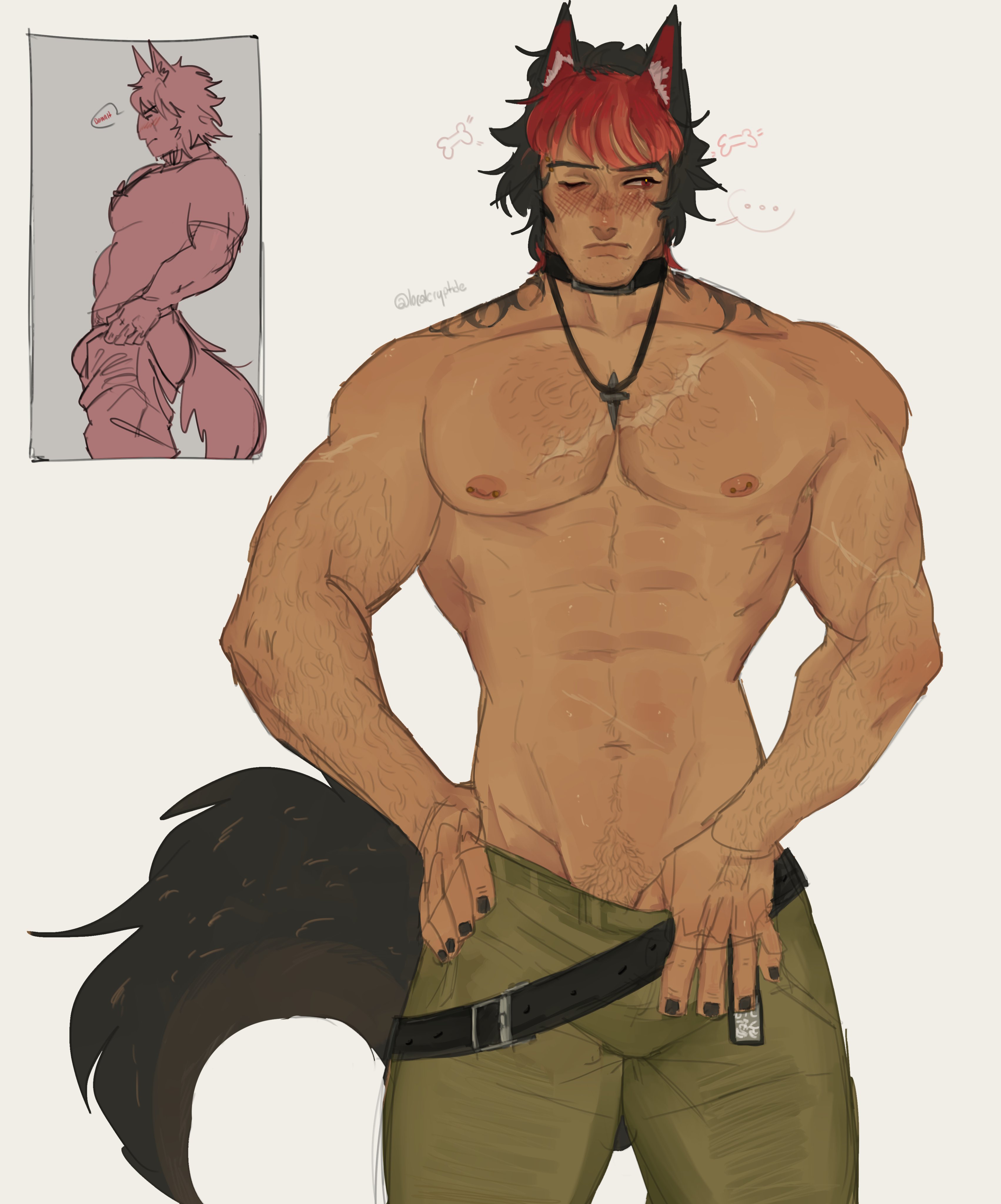1boy, abs, animal ears, armpit hair, armpits, bara, belt, big pecs, black hair, blush, bulge, clothed, collar, dog collar, flaccid, gay, hairy, hairy chest, happy trail, kemonomimi, komano manato, localcryptide, male, male only, muscular, muscular chest, muscular male, nervous, nipples, one eye closed, painted nails, pants, pecs, pubic hair, red hair, russian text, scar, scars, serious, solo, solo male, sweat, sweaty, text, tight clothing, tight pants, tight pants (meme), two-tone hair, yaoi, zenless zone zero