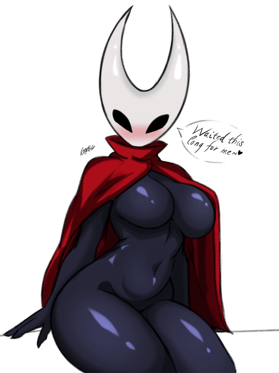 1girls, black bodysuit, black latex, blush, bodysuit, breasts, cape, dialogue, english text, female, female focus, female only, graphicthereal, heart symbol, hollow knight, hornet (hollow knight), insect, insect girl, jpeg, large breasts, latex, latex clothing, latex suit, looking at viewer, navel, navel line, no nipples, red cape, signature, sitting, solo, text, thick thighs, thighs, white background, wide hips