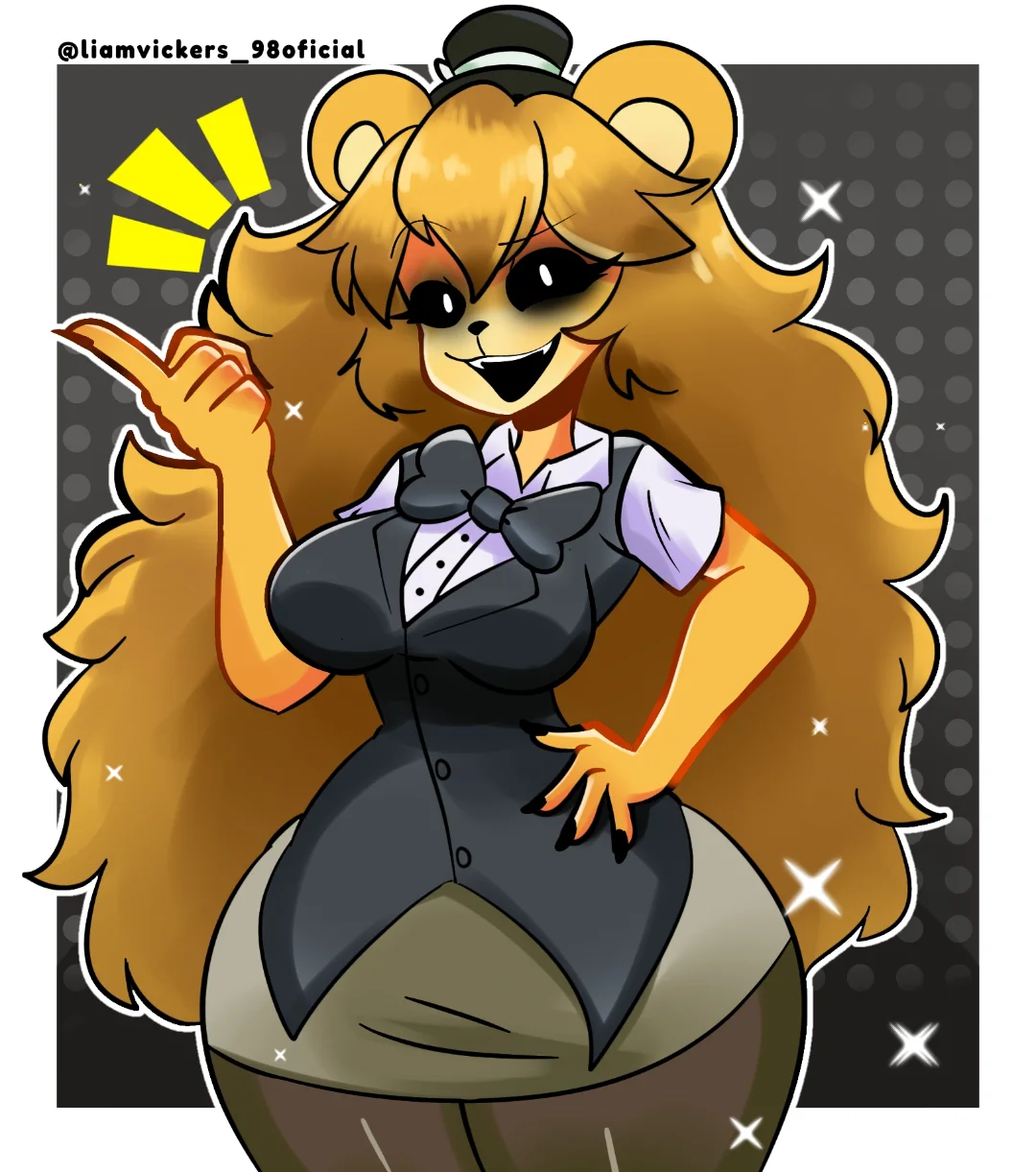 !!!, 1girls, 2025, 2025s, 2d, 2d (artwork), 2d artwork, anthro, anthro female, anthrofied, bear, bear ears, bear girl, bear humanoid, black bow tie, black bowtie, black eyes, black sclera, blonde, blonde female, blonde hair, blonde-haired female, bottom heavy, bow tie, bowtie, breasts, clothed, clothing, crossgender, digital art, digital drawing, digital drawing (artwork), digital media, digital media (artwork), digital painting, digital painting (artwork), eyebrows, eyelashes, female, female anthro, female focus, female only, five nights at freddy's, fnaf, fredina's nightclub, fur, furry, furry female, genderswap, genderswap (mtf), glowing eyes, golden body, golden freddy, golden freddy (fnaf), golden fredina (cally3d), golden fur, hand on hip, hat, headgear, headwear, liamvickers 98, long hair, mammal, mtf crossgender, office lady, ol, open mouth, open smile, pantyhose, pear shaped, pupils, rule 63, rule63, scottgames, smile, smiling at viewer, solo, solo female, solo focus, tagme, teeth, thick thighs, thighs, type 0, ursid, ursine, video games, white eyes, white pupils, wide hips, yellow body, yellow fur