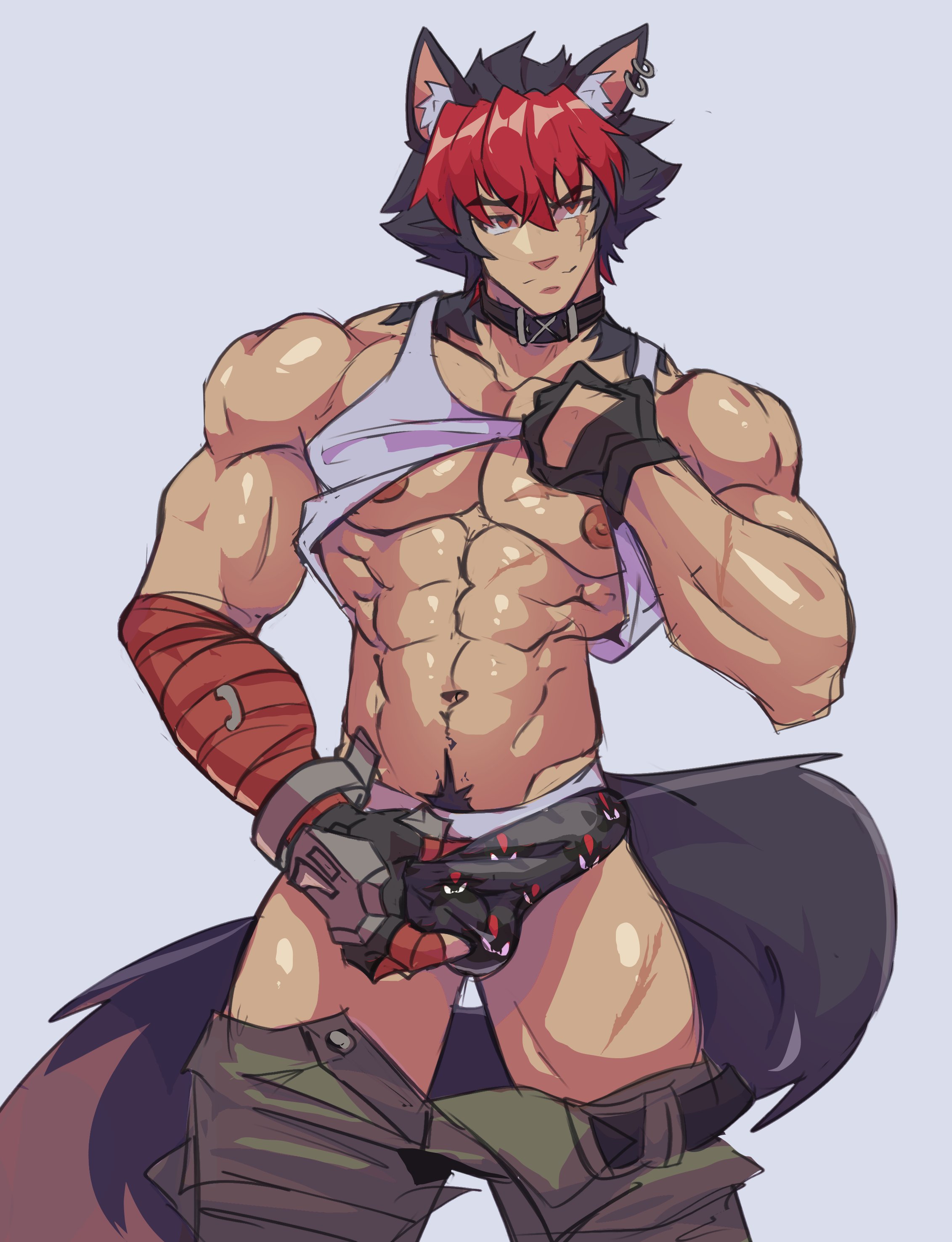 1boy, abs, animal ears, balls, bangboo (zenless zone zero), bara, biceps, big pecs, black hair, boner, briefs, bulge, clothed, collar, dog collar, erection, erection under clothes, gay, hairy, happy trail, holding bulge, kemonomimi, komano manato, male, male only, muscular, muscular chest, muscular male, nipples, pants down, pecs, penis, pubic hair, red hair, scar, scars, shadow the hedgehog, smiling, solo, solo male, sonic (series), tail, tank top, tank top lift, thombrownie, two-tone hair, underwear, undressing, wide shoulders, yaoi, zenless zone zero