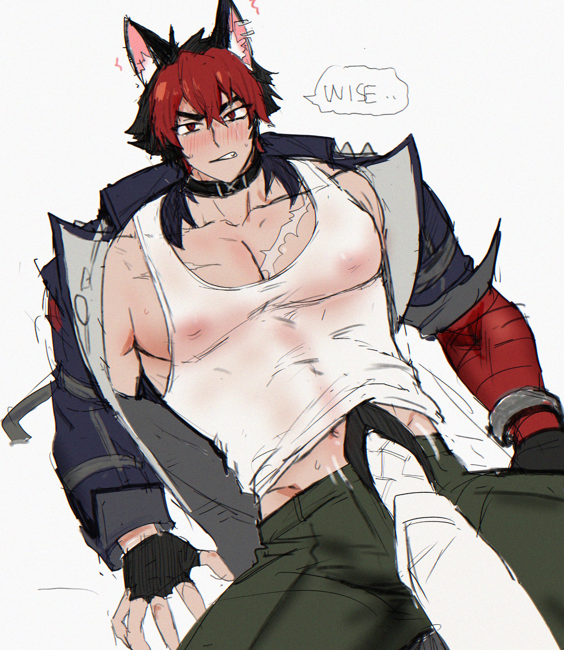 animal ears, bara, big pecs, black hair, blush, bulge, clothed, collar, dog collar, fingerless gloves, flaccid, gay, gloves, j k tw, jacket, komano manato, looking at viewer, male, male only, male pov, male/male, muscular, muscular chest, muscular male, nipple bulge, nipples, official alternate costume, pecs, penis, red eyes, scar, scars, stepped on, stepping on penis, sweating, tank top, tank top lift, text, trembling, two-tone hair, wise (soaring crane) (zenless zone zero), wise (zenless zone zero), yaoi, zenless zone zero