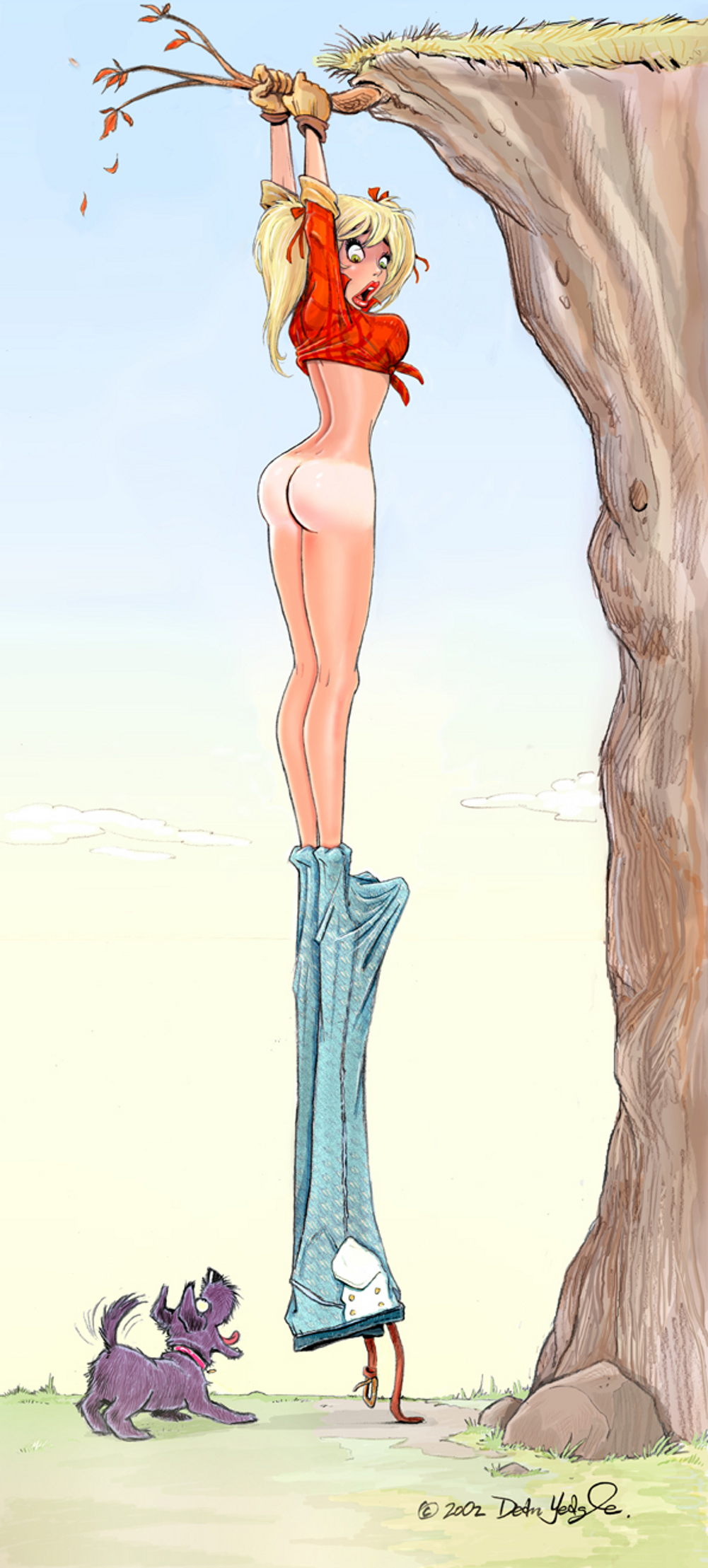 2002, animal, ass, blonde hair, breasts, dog, female, hair, pants, pantsing