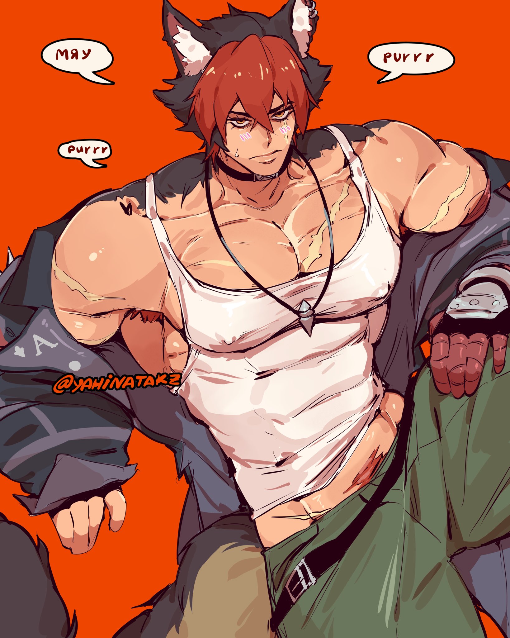 1boy, abs, animal ears, armpit hair, armpits, bara, big pecs, black hair, blush, clothed, collar, dog collar, gay, hairy, hairy armpits, kemonomimi, komano manato, looking at viewer, male, male only, muscular, muscular chest, muscular male, nervous, nipple bulge, nipples, no visible genitalia, pants, pecs, pubic hair, red hair, russian text, scar, scars, serious, solo, solo male, sweat, sweaty, tank top, text, tight clothing, two-tone hair, yahinatakz, yaoi, zenless zone zero