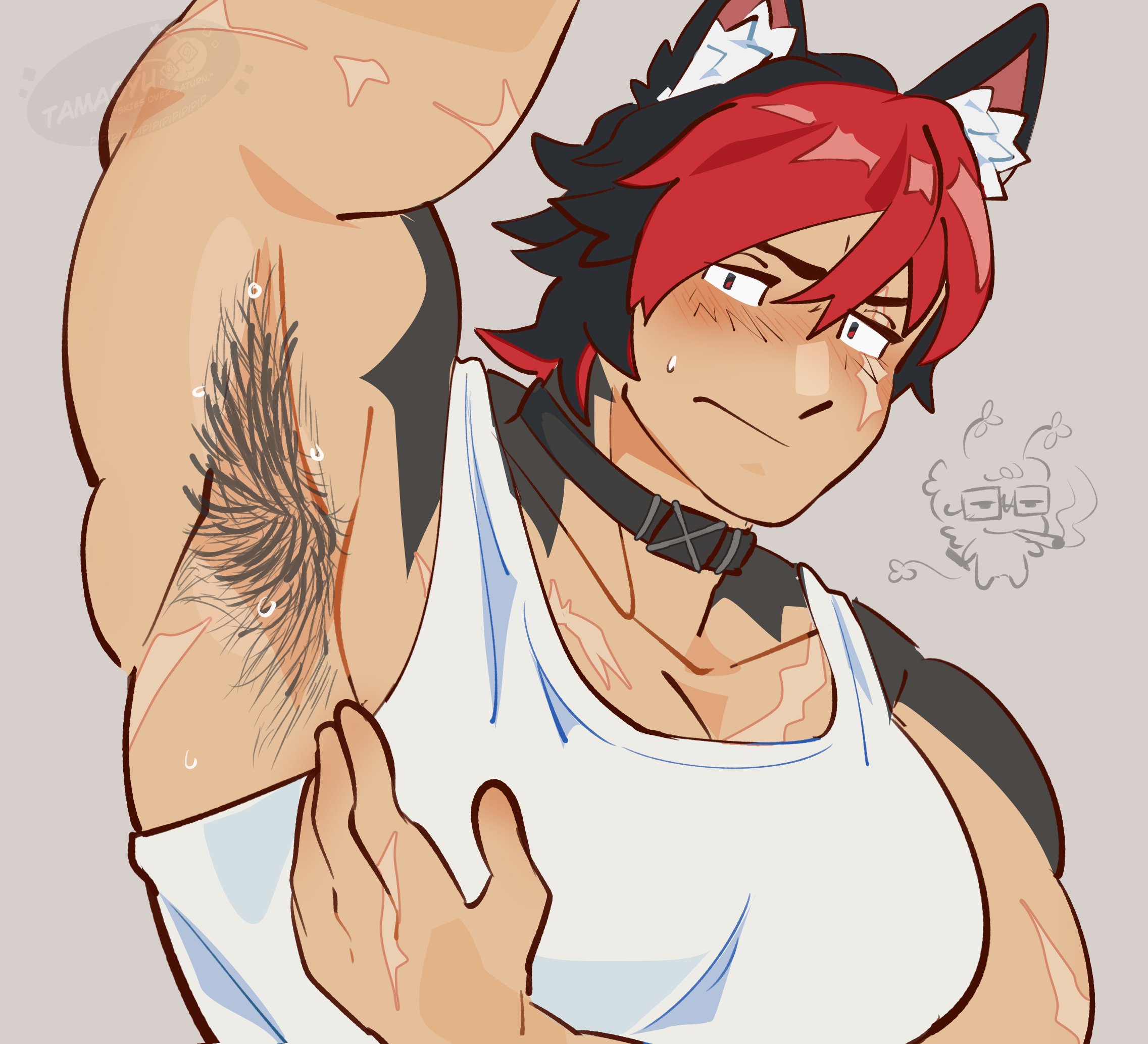 1boy, animal ears, armpit focus, armpit hair, armpits, arms up, bara, big pecs, black hair, blush, clothed, dog collar, gay, hairy, hairy armpits, kemonomimi, komano manato, looking at viewer, male, male only, muscular, muscular chest, muscular male, nervous, pecs, red hair, serious, solo, solo male, sweat, sweaty, sweaty armpits, tamagyu, tank top, two-tone hair, yaoi, zenless zone zero
