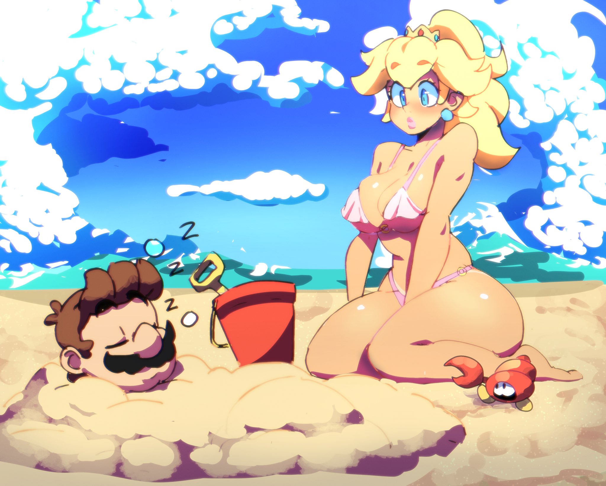 1boy, 1girls, beach, big nose, bikini, blonde hair, breasts, brown hair, claws, commentary, crown, earrings, english commentary, facial hair, female, funnismonkis, hermit crab, highres, huckit crab, jewelry, mario, mario (series), mini crown, moustache, nintendo, partially buried, pink bikini, pink lips, princess peach, sand, sand bucket, sleeping, sphere earrings, super mario bros., swimsuit