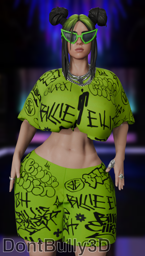1girls, 3d, 3d (artwork), alternate ass size, alternate breast size, ass, billie eilish, billie eilish (fortnite), black hair, blender, blender (artwork), blender (software), breasts, celebrity, crop top, dont bully (artist), female, green clothing, hair dye, huge ass, huge breasts, huge butt, light skin, light-skinned female, oversized breasts, pinup, pinup pose, real person, sunglasses, sunglasses on face, tinted eyewear, voluptuous, voluptuous body, voluptuous female, voluptuous teenager