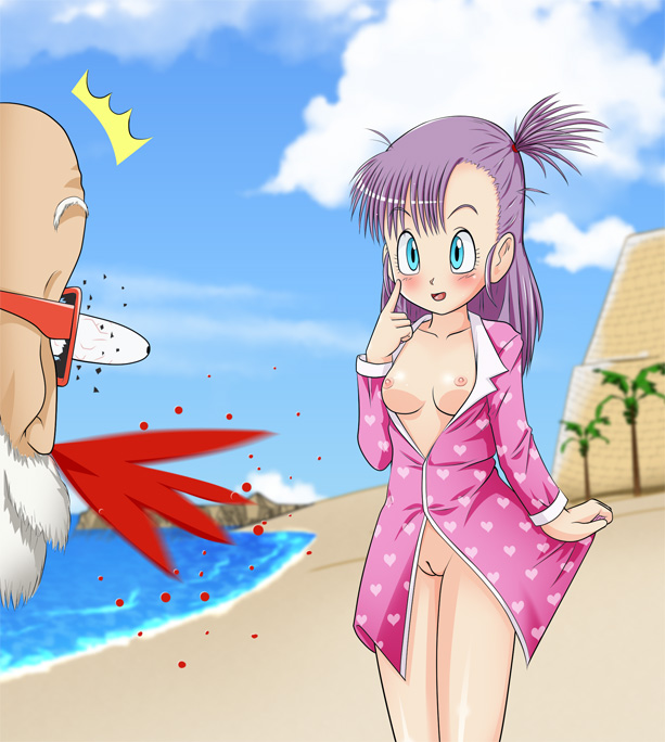 1boy blood blush bottomless breasts bulma_briefs dragon_ball female goldmondsel human master_roshi nipples open_mouth outside purple_hair pussy shiny_hair tongue uncensored