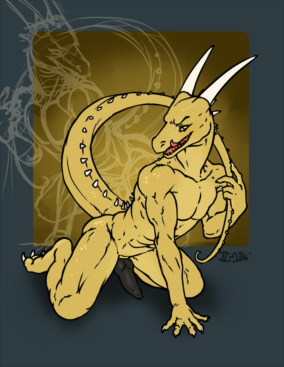 abs biceps claws dragon grin hi_res horn iggi kneeling knot looking_at_viewer male male_only muscular open_mouth penis raised_tail scalie solo spikes teeth tongue yellow_eyes