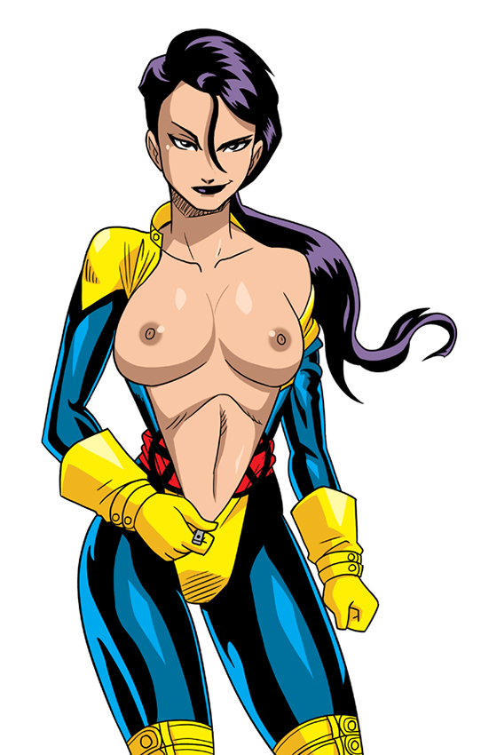 1girls, areolae, asian female, bodysuit, breasts, breasts out, female, female only, hahaboobies, lipstick, looking at viewer, marvel, marvel comics, nipples, ponytail, psylocke (kwannon), purple hair, smirk, solo, straight hair, tied hair, unzipped, unzipped bodysuit, unzipping, white background, x-men