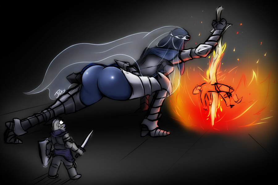 armor, ass, big ass, dancer of the boreal valley, dark souls, dark souls 3, female, fire, impaled, male, psky (artist), shocked, smaller male, veil