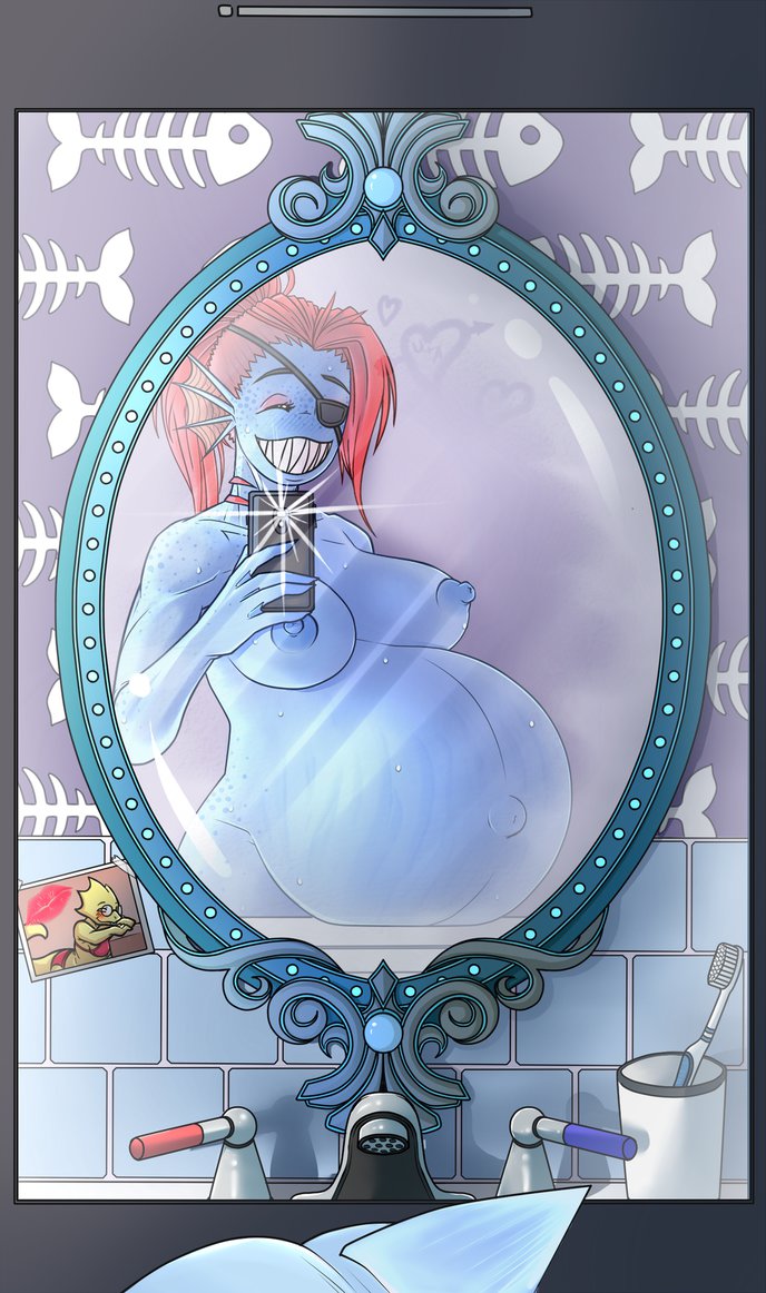 big belly, blue skin, eye patch, female, female only, hyper pregnancy, idlehq, mirror selfie, nipples, pregnant, red hair, selfie, solo, undertale, undyne