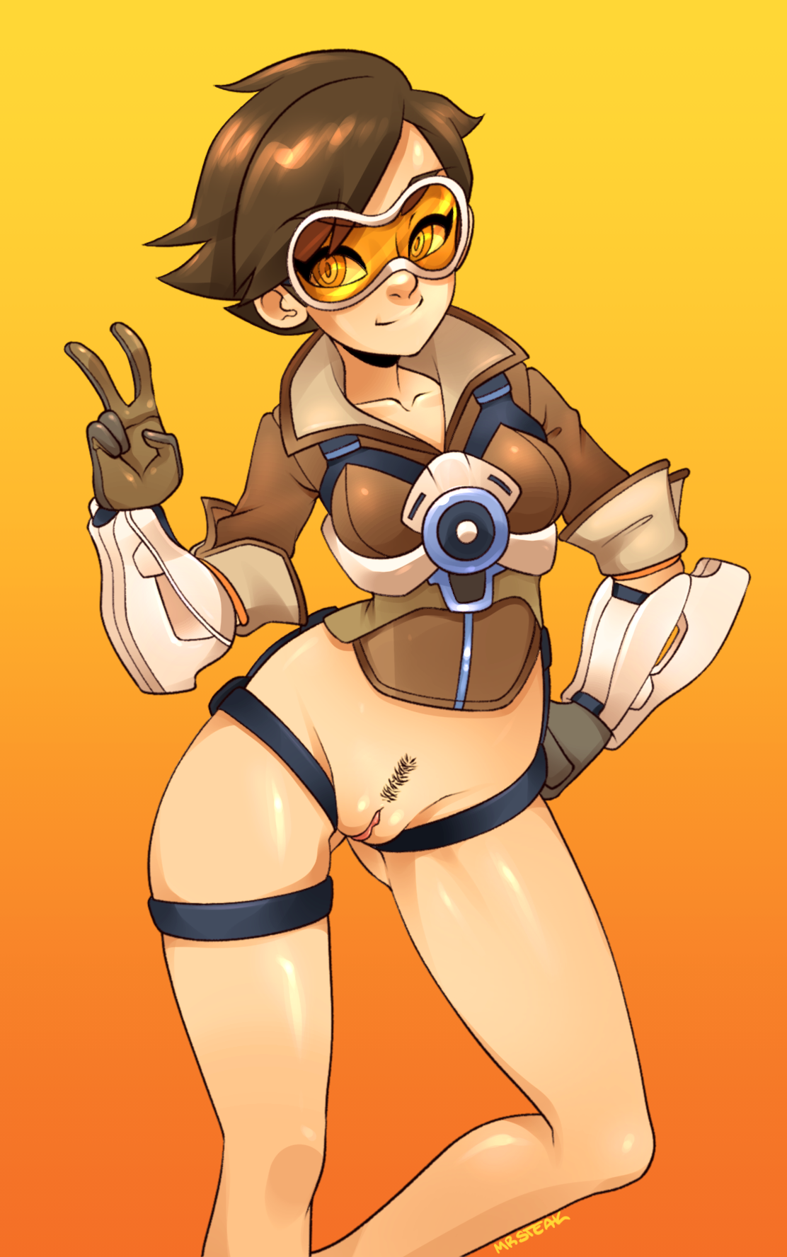 bomber jacket, bottomless, brown hair, chronal accelerator, female, female only, footwear, functionally nude, goggles, gradient, gradient background, hand on hip, handwear, harness, human, jacket, mostly nude, mrsteak, overwatch, pubic hair, pussy, short hair, smile, solo, tracer, v, vambraces