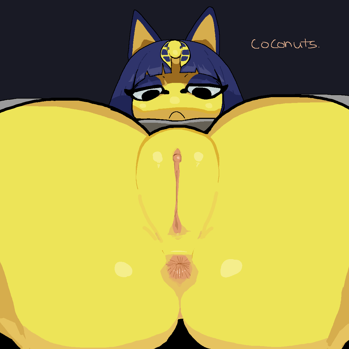 1:1 1girls animal_crossing ankha anus ass bandages big_ass big_ears big_eyes blue_fur bottomless breasts cat_ears clitoris close-up clothes coconuts_(artist) egyptian eye_contact eyelashes felid feline felis female fur furry furry_only hair half-closed_eyes hi_res large_ass looking_at_viewer looking_down mammal nintendo presenting presenting_butthole presenting_pussy pussy signature solo spread_legs text thick_thighs uncensored video_games watermark yellow_fur