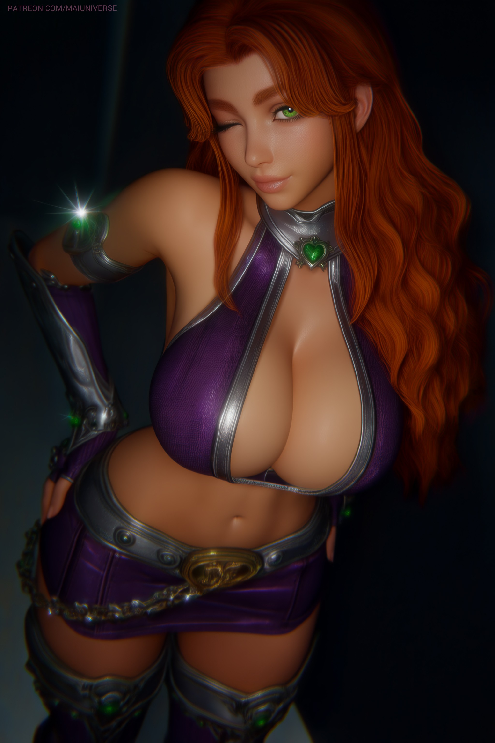 1girls, 3d, 3d render, ai generated, big breasts, big tits, boots, breasts, cleavage, dc, dc comics, elbow gloves, gloves, green eyes, hand on hip, huge breasts, large breasts, long hair, maiuniverseart, midriff, miniskirt, navel, one eye closed, orange hair, purple boots, red hair, sad face, skirt, solo, starfire, tan skin, teen titans, thigh boots, thigh highs, thighhigh boots, thighhighs, thighs