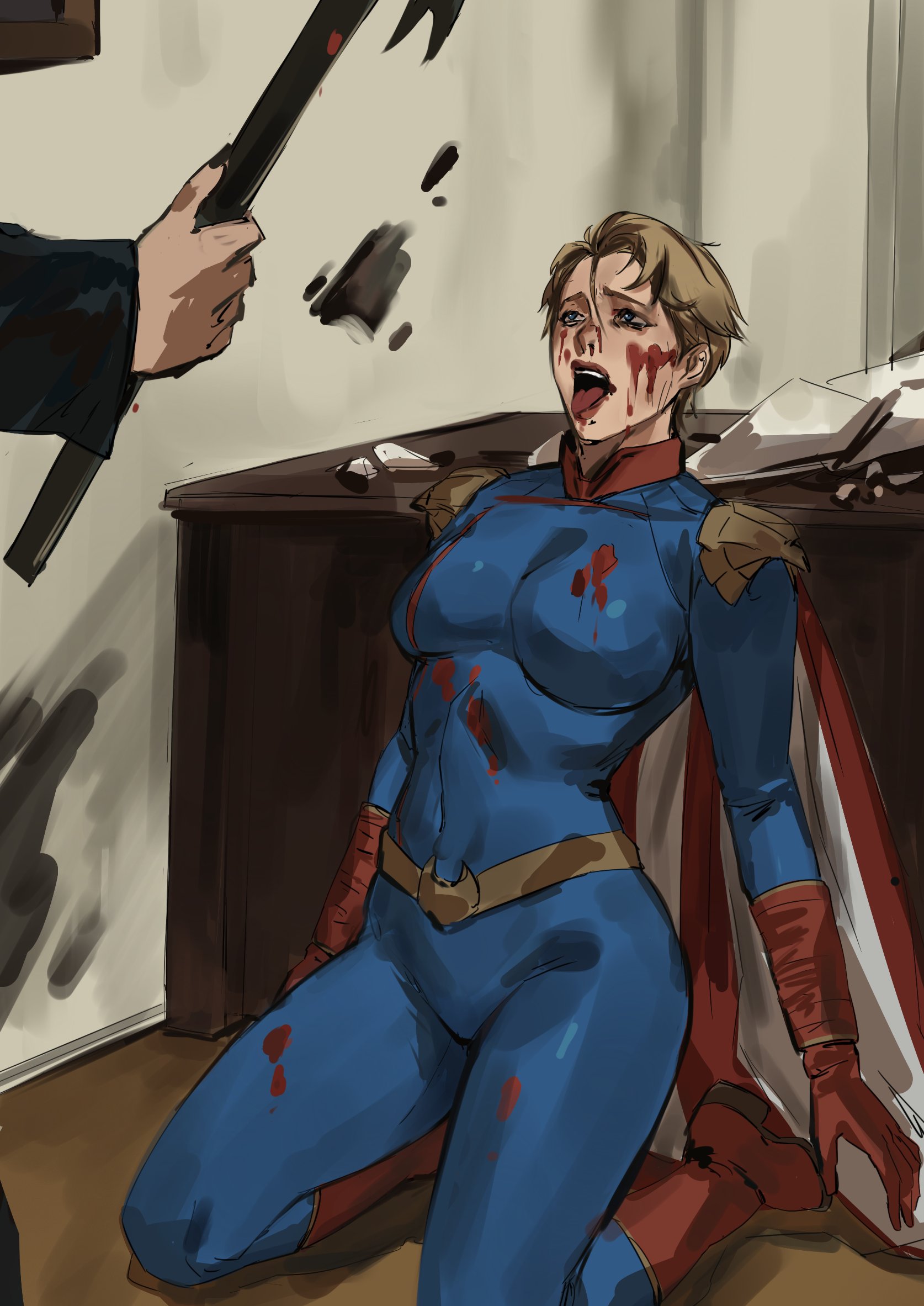 2girls, big breasts, blonde hair, bluesky link, clothed, clothed female, clothing, color, enargeia, female, female focus, femsub, fully clothed, genderswap, genderswap (mtf), homelander, light skin, looking at partner, male, meme, on floor, on ground, on knees, open mouth, rule 63, short hair, spread legs, submissive female, superheroine, supervillain, supervillainess, taiyang yu, the boys, tongue, tongue out, twitter link