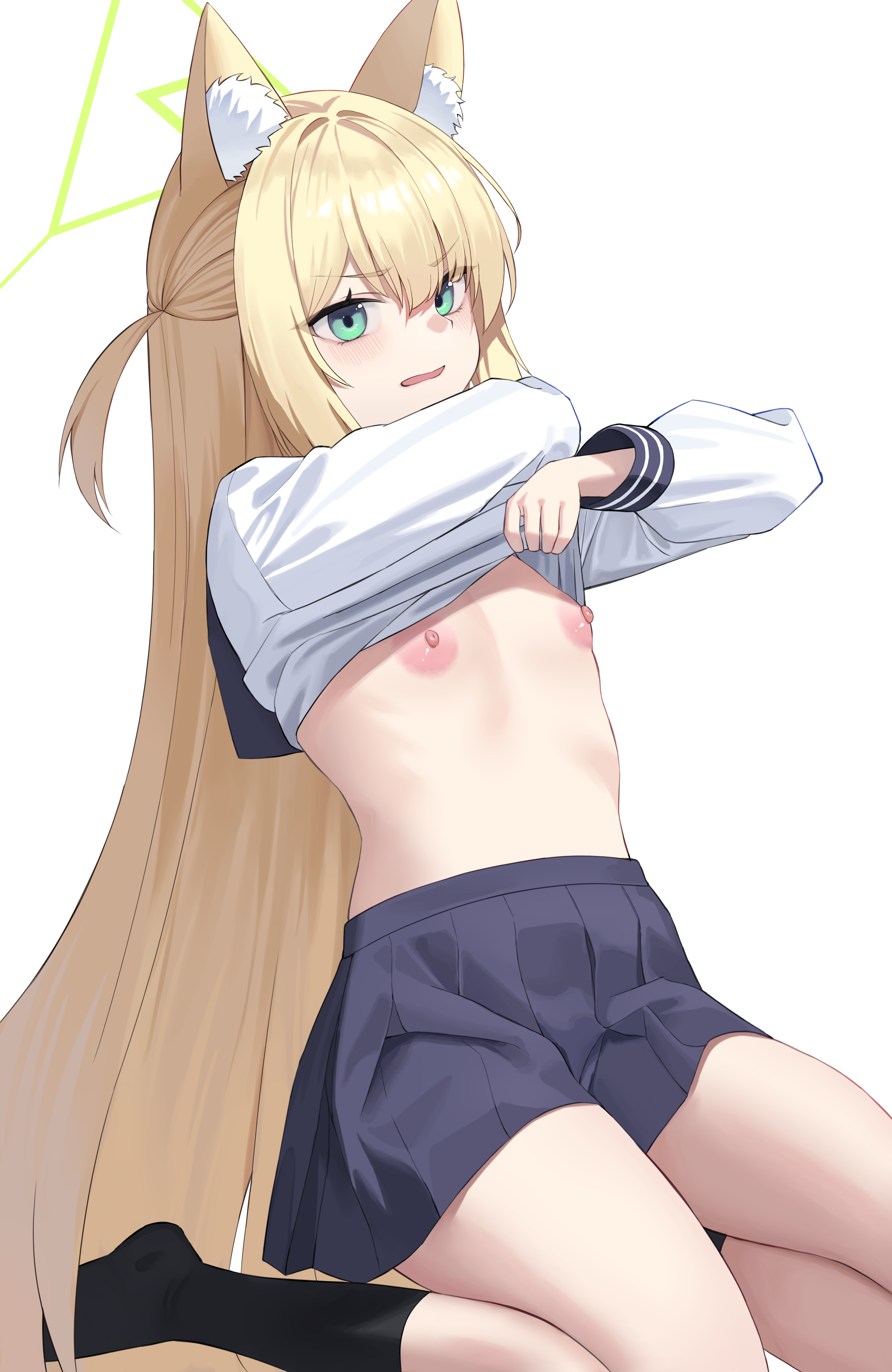 1girls, angry, angry face, animal ear fluff, animal ears, artist request, black socks, blonde hair, blue archive, female, female focus, female only, flat chest, green eyes, halo, kurumi (blue archive), long hair, looking at viewer, nipples, no bra, pink nipples, school uniform, simple background, skirt, small breasts, socks, solo, solo female, solo focus, white background
