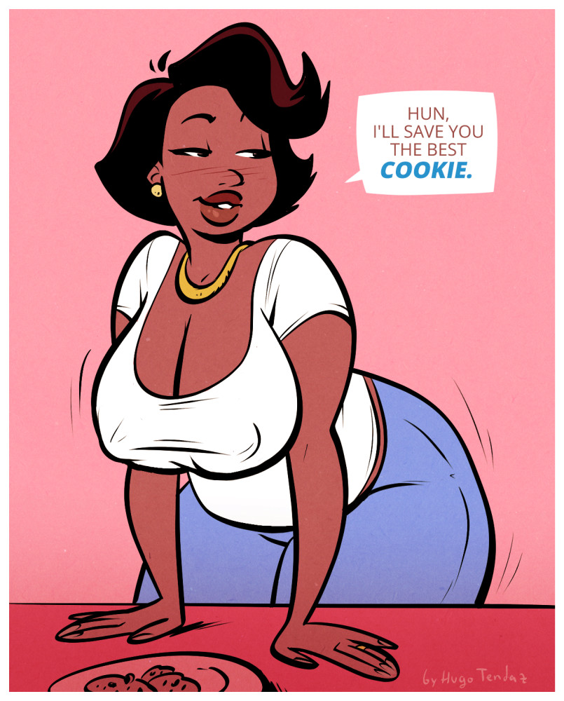 1girls, big lips, black eyes, blue pants, bottomwear, brown hair, cookie, donna tubbs, ear piercing, earrings, english, english text, female, female only, hair, half-closed eyes, hips, hugotendaz, lips, mature, mature female, mature woman, milf, mother, motion lines, necklace, neckwear, pants, parted lips, plate, shirt, short hair, solo, solo female, speech bubble, text, the cleveland show, thick lips, thick thighs, thighs, topwear, white shirt, wide hips