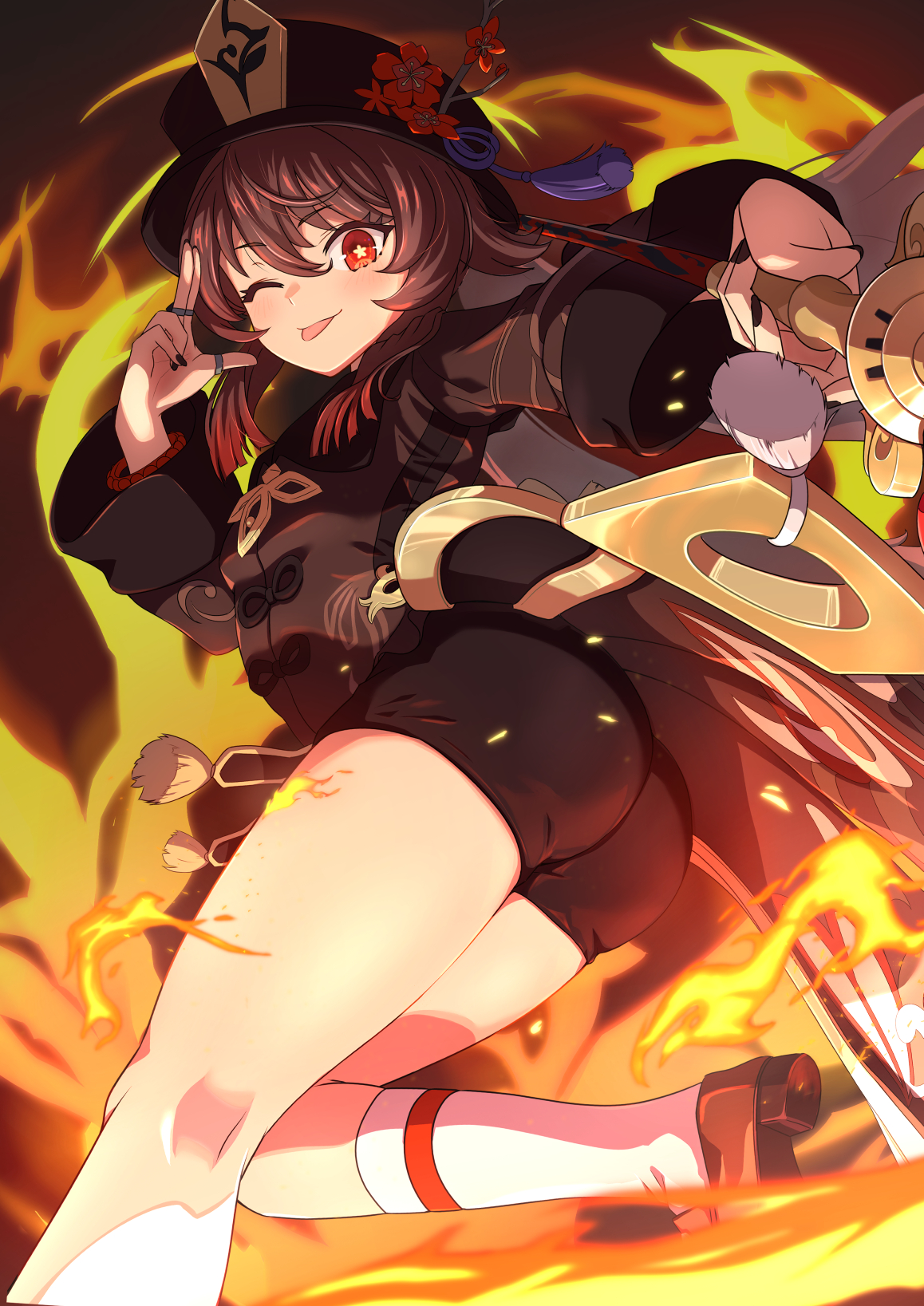 1girl, black hat, black nails, black shorts, breasts, brown eyes, brown jacket, brown shoes, fire, flower, flower-shaped pupils, foot out of frame, genshin impact, hat, hat flower, highres, hu tao (genshin impact), jacket, jewelry, kneehighs, kneepits, long sleeves, looking at viewer, looking back, looking down, menchi-men, multiple rings, nail polish, one eye closed, plum blossoms, ring, shoes, short shorts, shorts, small breasts, socks, solo, standing, standing on one leg, symbol-shaped pupils, tongue, tongue out, white socks