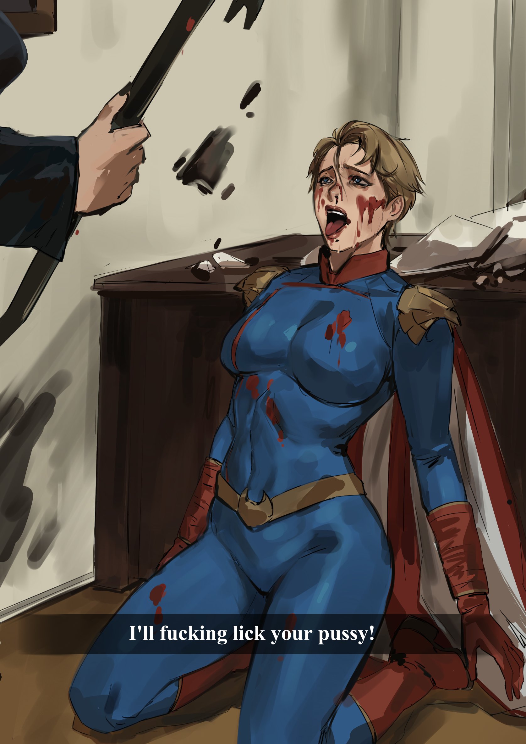 2girls, big breasts, billy butcher, blonde hair, blue eyes, breasts, clothed, clothed female, clothing, color, dialogue, enargeia, english text, female, female focus, femlander, femsub, fully clothed, genderswap, genderswap (mtf), homelander, indoors, light skin, looking at partner, male, meme, multiple girls, on floor, on ground, on knees, open eyes, open mouth, rule 63, short hair, submissive female, supervillainess, taiyang yu, text, the boys, thighs, tongue, tongue out, twitter link