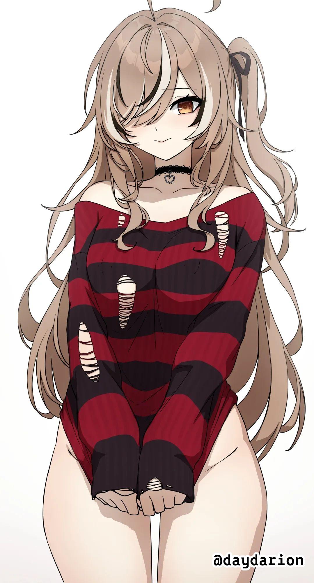 1girls, 2d, 2d (artwork), 2d artwork, ahoge, black choker, black sweater, black topwear, bottomless, breasts, brown eyes, brown hair, brown-eyed female, brown-haired female, choker, collarbone, covering, covering crotch, covering privates, covering pussy, covering self, cute, dayyo (daydarion/day-chan), digital, digital art, digital drawing, digital drawing (artwork), digital media, digital media (artwork), drawing, embarrassed, eyebrows hidden by hair, female, female focus, female only, hair covering eye, hair over eye, hair over one eye, hand on crotch, hand on own crotch, hand on own pussy, hand on pussy, hiding pussy, high resolution, highres, hololive, hololive english, inguinal crease, inguinal ligament, lean figure, long hair, medium breasts, nanashi mumei, narrow waist, one side up, red sweater, red topwear, shoulders, shy, slender body, slender waist, slim female, slim waist, solo, standing, sweater, thick thighs, thigh gap, thighs, topwear, torn sweater, torn topwear, upper body, virtual youtuber, white hair, white-haired female, wide hips