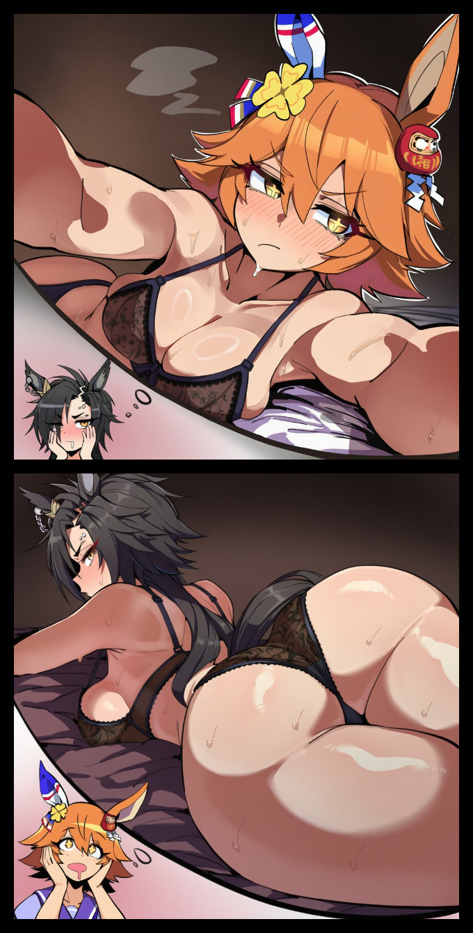 + +, 2d, 2girls, ai generated, air shakur (umamusume), animal ears, ass, big ass, big breasts, big butt, black bra, black hair, black panties, blush, bra, breasts, butt, cleavage, closed mouth, clover hair ornament, comic, daruma doll, ear covers, female, female only, flipped hair, hair between eyes, hair ornament, horse ears, horse girl, horse tail, imagining, large ass, large breasts, large butt, large thighs, lingerie, long hair, looking at viewer, looking back, lying, matikanefukukitaru (umamusume), multiple girls, navel, on stomach, orange eyes, orange hair, panties, piercing, short hair, single ear cover, sloppingslurpie, sweat, sweaty, tail, thick ass, thick butt, thick thighs, thighs, thought bubble, tracen school uniform, umamusume, umamusume pretty derby, underwear, underwear only, yellow eyes, yuri