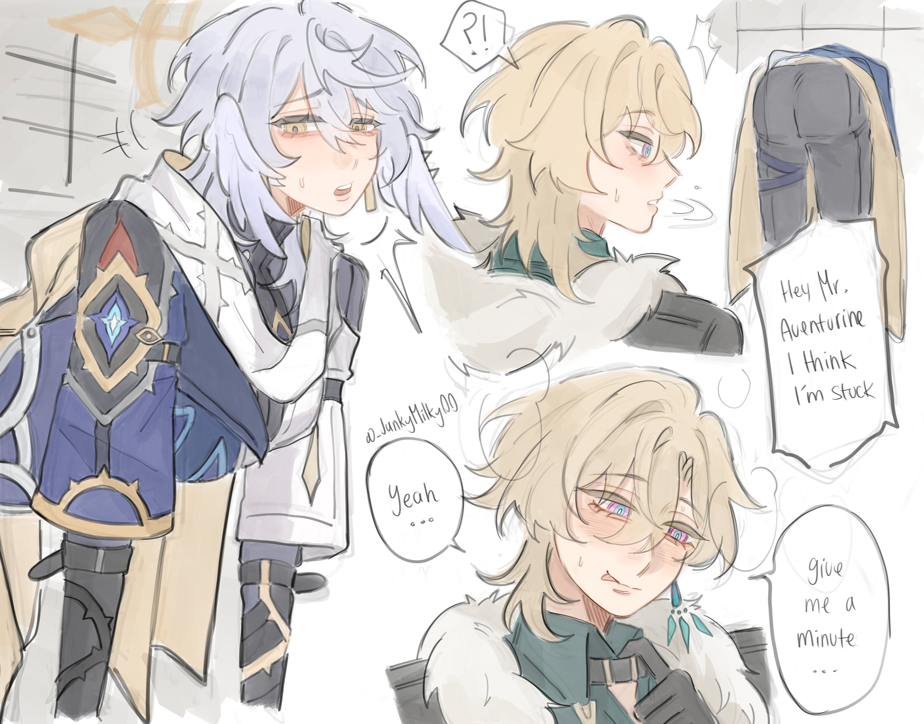 2boys, aventurine (honkai: star rail), gay, honkai: star rail, junmilk00, stuck in wall, sunday (honkai: star rail), tagme, yaoi