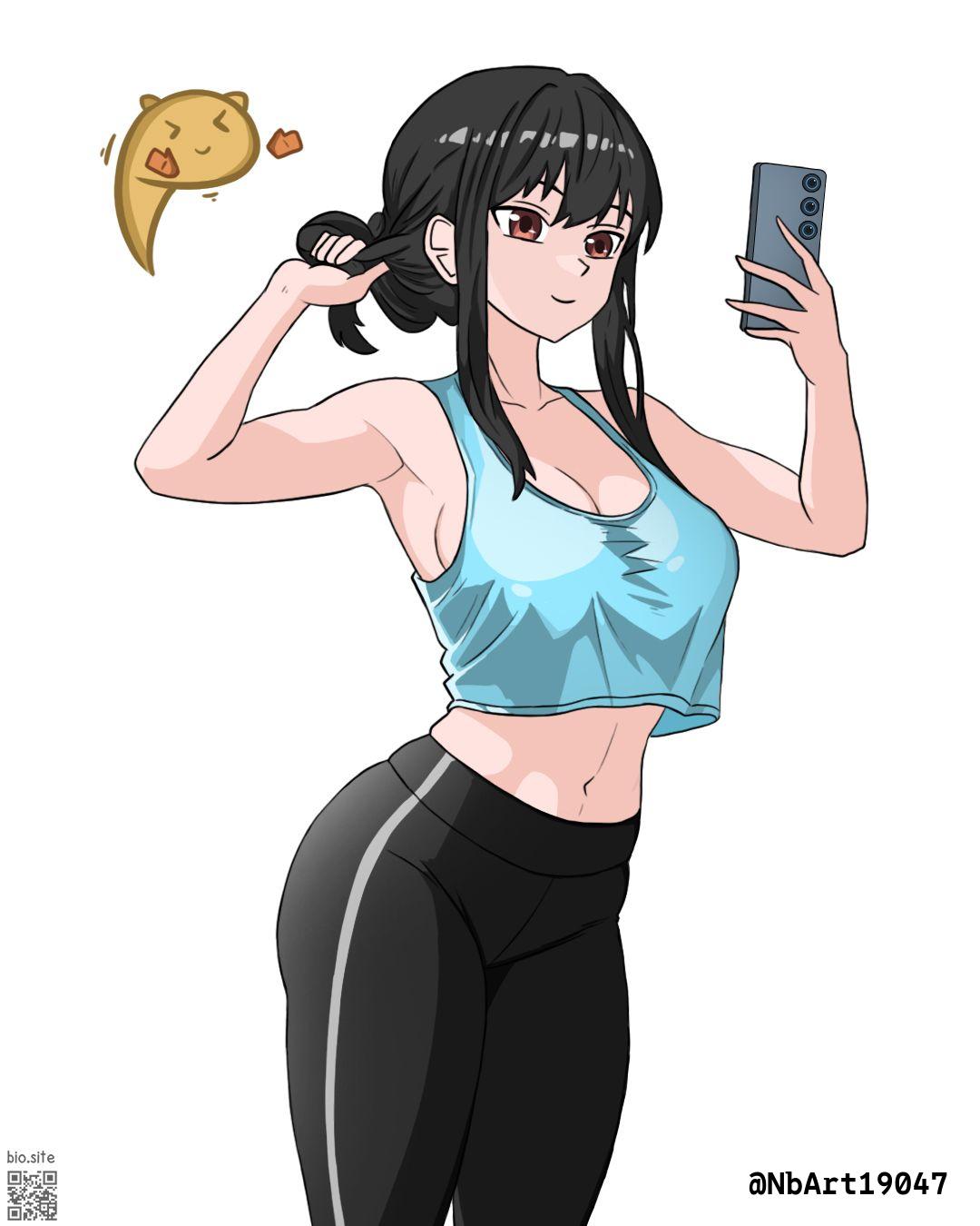 1girls, 2d, 2d (artwork), 2d artwork, adoptive mother, adult, adult female, anime milf, arm up, armpit, armpit crease, armpit peek, armpits, belly, belly button, big boobs, big breasts, black hair, black yoga pants, black-haired female, blue tank top, blue topwear, breasts, busty, busty female, busty girl, busty milf, cleavage, closed mouth smile, collarbone, curvy milf, digital, digital art, digital drawing, digital drawing (artwork), digital media, digital media (artwork), drawing, elbows, female, female focus, female only, fingers, fit female, groin, hair between eyes, hairless armpits, hand up, hot milf, hourglass figure, large boobs, large breasts, lean figure, linea alba, long hair, mature, mature female, midriff, milf, mother, narrow waist, navel, nbart19047, phone, posing, posing for the viewer, red eyes, red-eyed female, selfie, selfie pose, shaved armpits, shoulders, sidelocks, simple background, slender body, slender waist, slim female, slim waist, smile, smiley face, smiling, solo, spy x family, standing, stomach, tank top, thick thighs, thighs, topwear, upper body, voluptuous milf, white background, wide hips, yoga pants, yor briar, yor forger, young looking female, young milf, young woman and milf