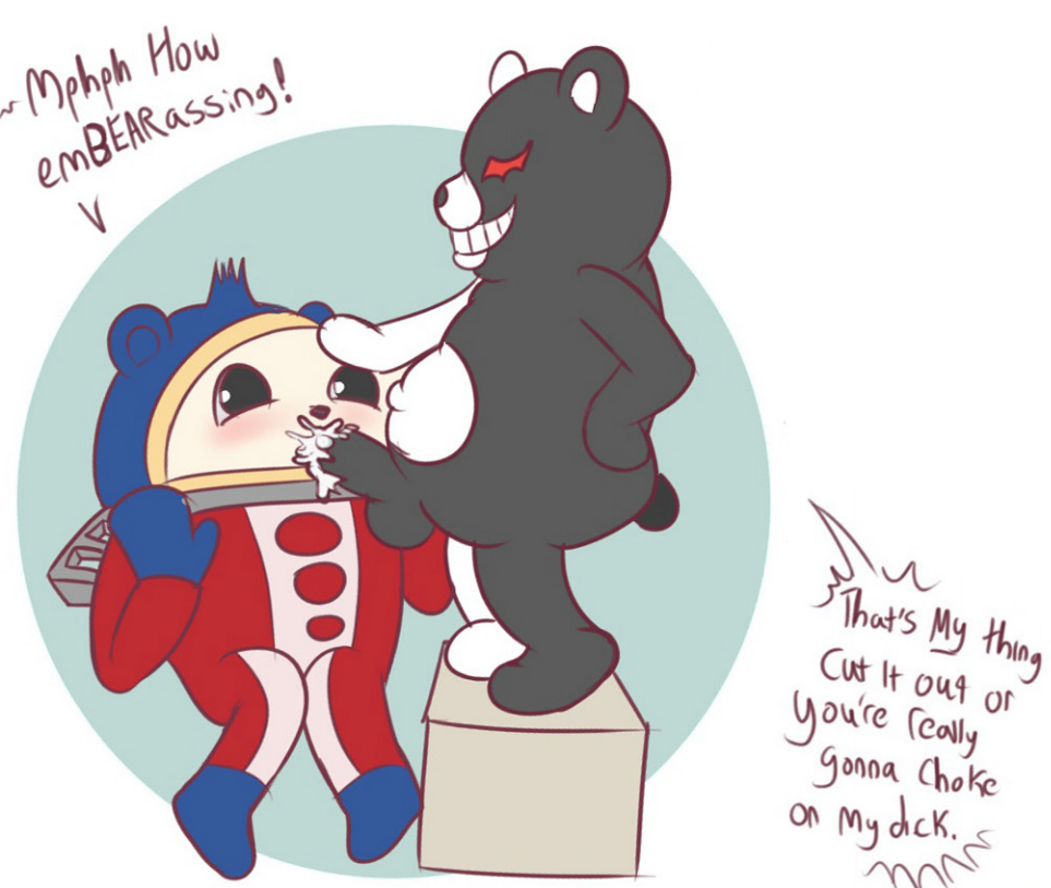 anthro bear blush danganronpa dialogue dirty_talk duo english_text erection fellatio flat_colors geometric_background grin hand_on_hip male mammal megami_tensei monokuma oral oral_penetration overweight penetration penis persona persona_4 sex side_view standing straight_hair teddie text yaoi zaxstar