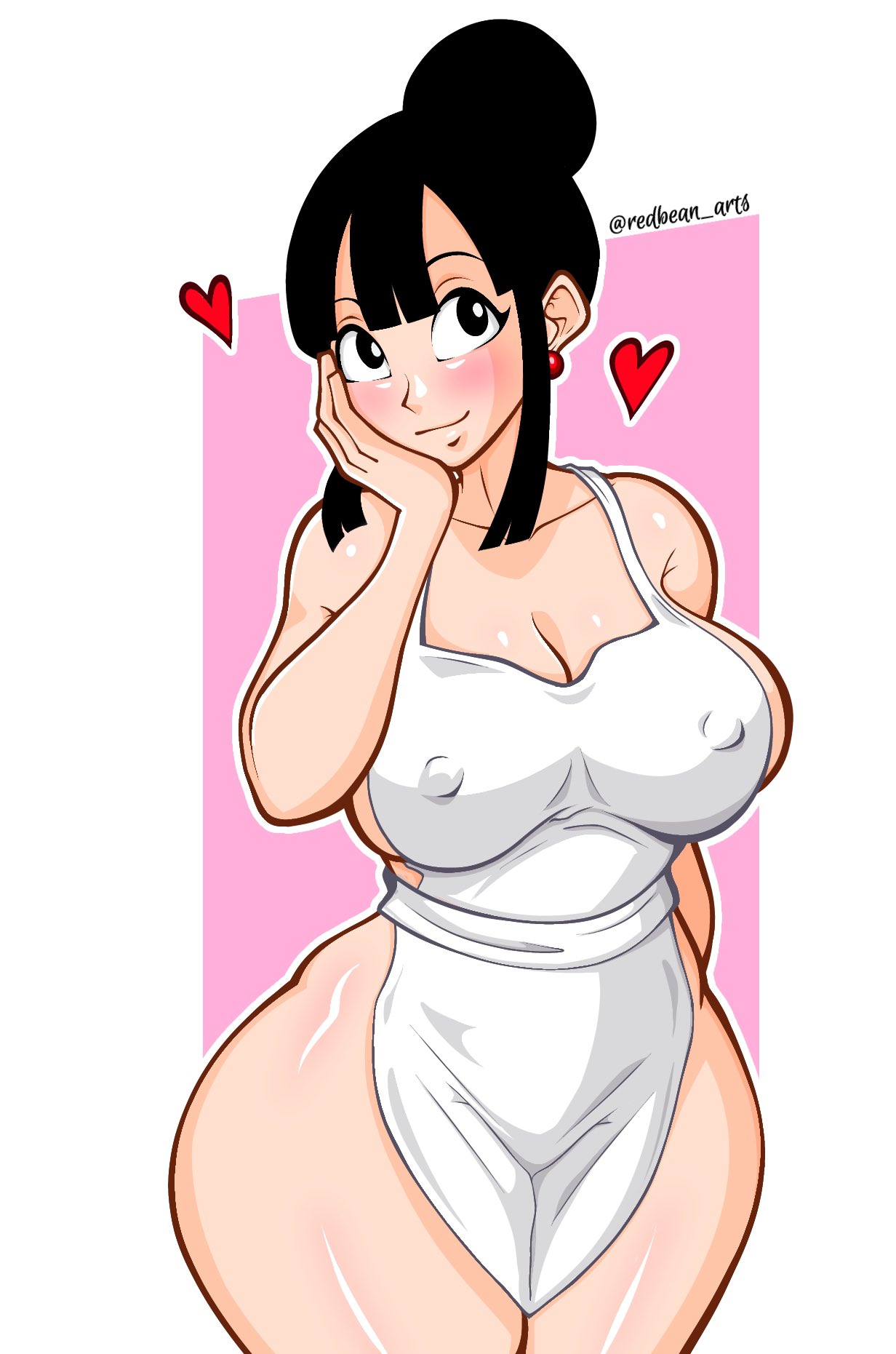 1girls, 2d, 2d (artwork), apron, apron only, big breasts, black eyes, black hair, breasts, chichi, color, dragon ball, female, female only, hair, hand on cheek, heart, hearts, hips, mature, mature female, mature woman, milf, mother, naked apron, nipple bulge, redbean arts, smile, solo, solo female, thighs, tied hair, white apron, wide hips