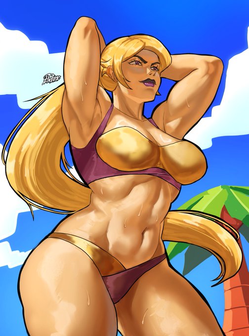 armpits, arms behind head, artist request, belly, belly button, belly focus, blonde hair, bra, fit female, gameoverse, long hair, medium breasts, midriff, miss information (gameoverse), panties, ponytail, purple and yellow clothes, purple lips, solo, stomach, sweaty, sweaty body, thick thighs, wide hips