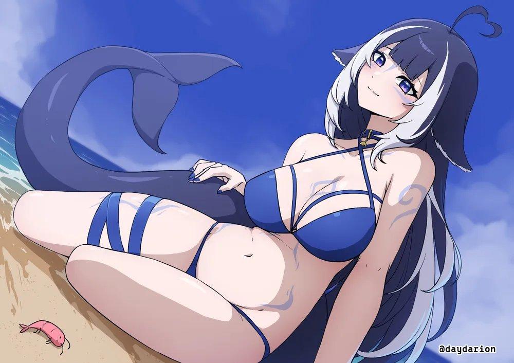 1girls, 2d, 2d (artwork), 2d artwork, adult, adult female, ahoge, arm support, arm tattoo, bare arms, bare belly, bare chest, bare hands, bare hips, bare knees, bare legs, bare midriff, bare navel, bare shoulders, bare skin, bare thighs, beach, belly, belly button, belly tattoo, big boobs, big breasts, bikini, bikini bottom, bikini only, bikini top, black hair, black-haired female, blue bikini, blue bikini bottom, blue bikini top, blue choker, blue fingernails, blue nail polish, blue nails, blue sky, blue swimsuit, blue swimwear, breast tattoo, breasts, busty, busty female, busty girl, chest tattoo, choker, cleavage, closed mouth smile, clouds, coast, collarbone, curvaceous, curvaceous body, curvaceous female, curvaceous figure, curvaceous hips, curvy, curvy body, curvy female, curvy figure, curvy hips, day, daylight, daytime, dayyo (daydarion/day-chan), digital, digital art, digital drawing, digital drawing (artwork), digital media, digital media (artwork), drawing, exposed arms, exposed belly, exposed chest, exposed hips, exposed legs, exposed midriff, exposed navel, exposed shoulders, exposed skin, exposed thighs, face tattoo, facial tattoo, female, female focus, female only, fingernails, fingers, german female, gradient hair, groin, halterneck, hand on own tail, hand on tail, head tilt, heart ahoge, high resolution, highres, horizon, hourglass figure, independent vtuber, indie virtual youtuber, indie vtuber, inframammary fold, inguinal crease, inguinal ligament, knees, large boobs, large breasts, lean figure, leg tattoo, light smile, long hair, looking at viewer, mature, mature female, midriff, multicolored hair, nail polish, nails, narrow waist, navel, ocean, outdoor, outdoor nudity, outdoors, outside, purple eyes, purple-eyed female, sand, sea, seaside, shark girl, shark humanoid, shark tail, shoulders, shrimp, shylily, sidelocks, sitting, sitting on ass, sitting on floor, sitting on ground, sky, slender body, slender waist, slight smile, slim female, slim waist, smile, smiley face, smiling, smiling at viewer, solo, stomach tattoo, string bikini, swimsuit, swimwear, tail, tattoo, tattoo on arm, tattoo on arms, tattoo on belly, tattoo on breast, tattoo on cheek, tattoo on chest, tattoo on face, tattoo on forehead, tattoo on leg, tattoo on legs, tattoo on stomach, tattoo on thigh, tattoo under eye, tattooed, tattooed arm, tattooed arms, tattooed belly, tattooed boobs, tattooed breast, tattooed chest, tattooed face, tattooed female, tattooed girl, tattooed leg, tattooed legs, tattooed thigh, thighband, thighs, tilted head, touching tail, upper body, very long hair, very long hair female, virtual youtuber, vtuber, vtuberfanart, water, white hair, white-haired female, wide hips, yokozuwari, youtuber, youtuber girl