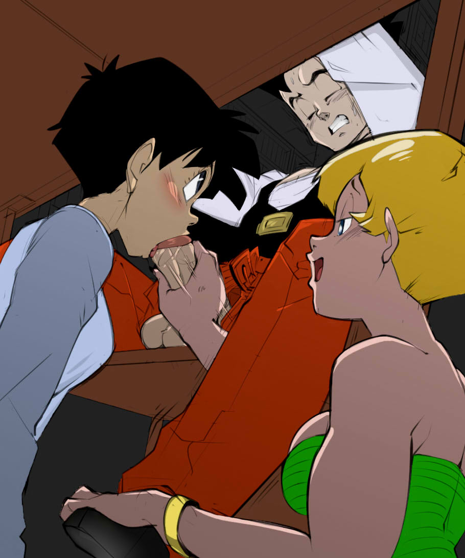 1boy, 2girls, assisted fellatio, black hair, blonde hair, blue eyes, blush, breasts, c-smut-run, closed eyes, clothed, clothing, collaborative fellatio, csmutrun, dragon ball, dragon ball z, erasa, eye contact, fellatio, female, handjob, hands-free, hiding, male, multiple females, multiple girls, open mouth, oral, penis, penis grab, short hair, sideboob, son gohan, swingers, teamwork, tongue, tongue out, under the table, videl