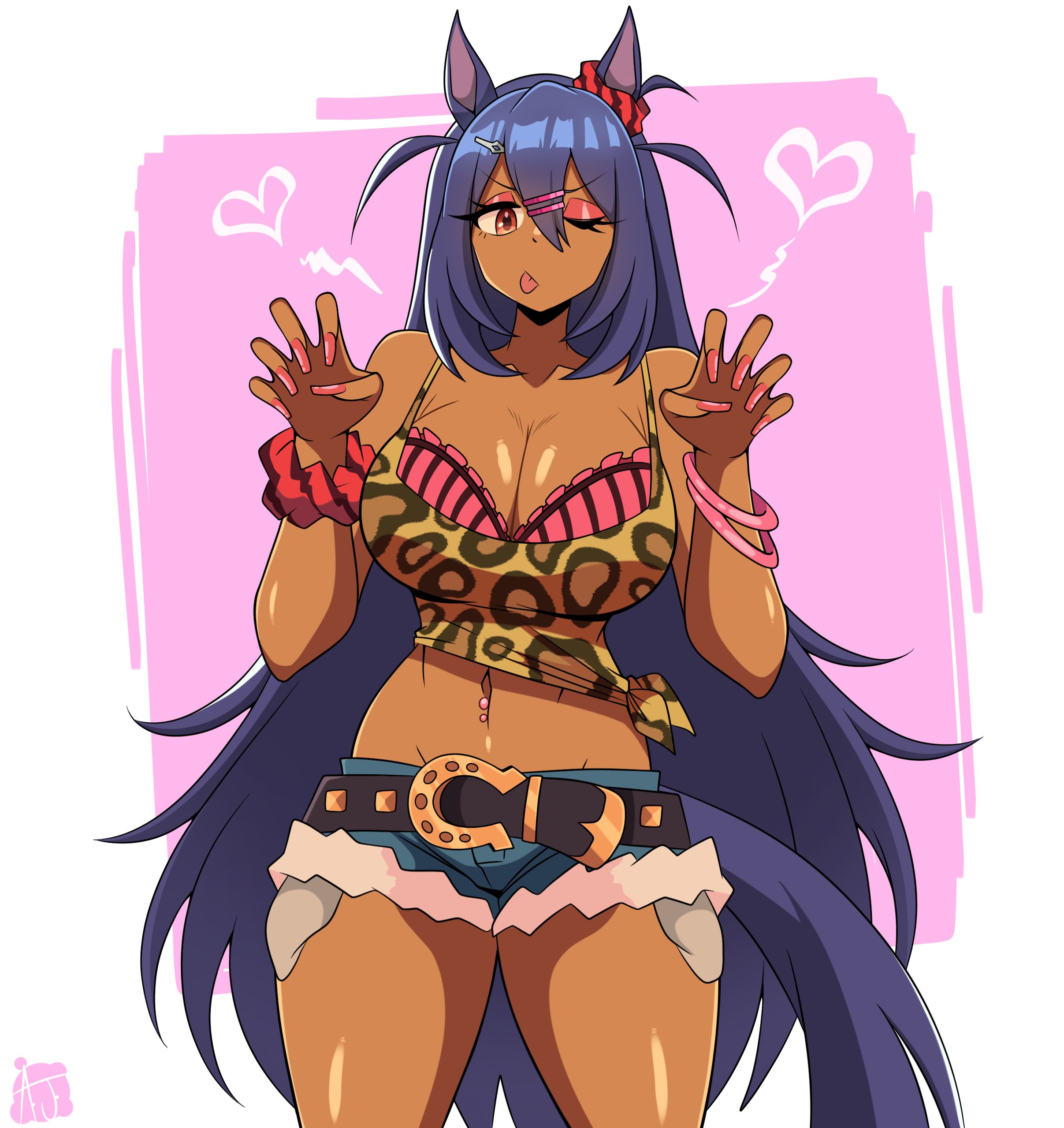 ajsdoodles, belly button, belly piercing, big breasts, blue hair, bra, busty, busty female, cheetah print, curvy, curvy female, dark-skinned female, gyaru, hair between eyes, hishi amazon (umamusume), horse ears, horse tail, long hair, short shorts, shorts, slender waist, tank top, thick thighs, tongue out, umamusume, umamusume pretty derby, wide hips, wink, winking at viewer