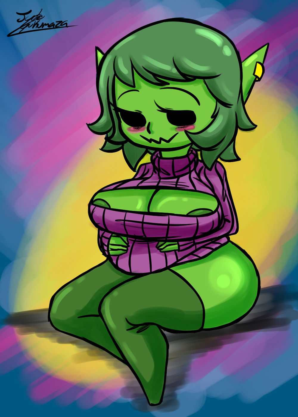 big_breasts blush breasts cleavage clothing female goblin goblin_female goblin_princess_(towergirls) green_hair green_skin hair huge_breasts humanoid jyto mammal nipples open-chest_sweater pointy_ears pregnant princess royalty simple_background solo sweater thighhighs towergirls