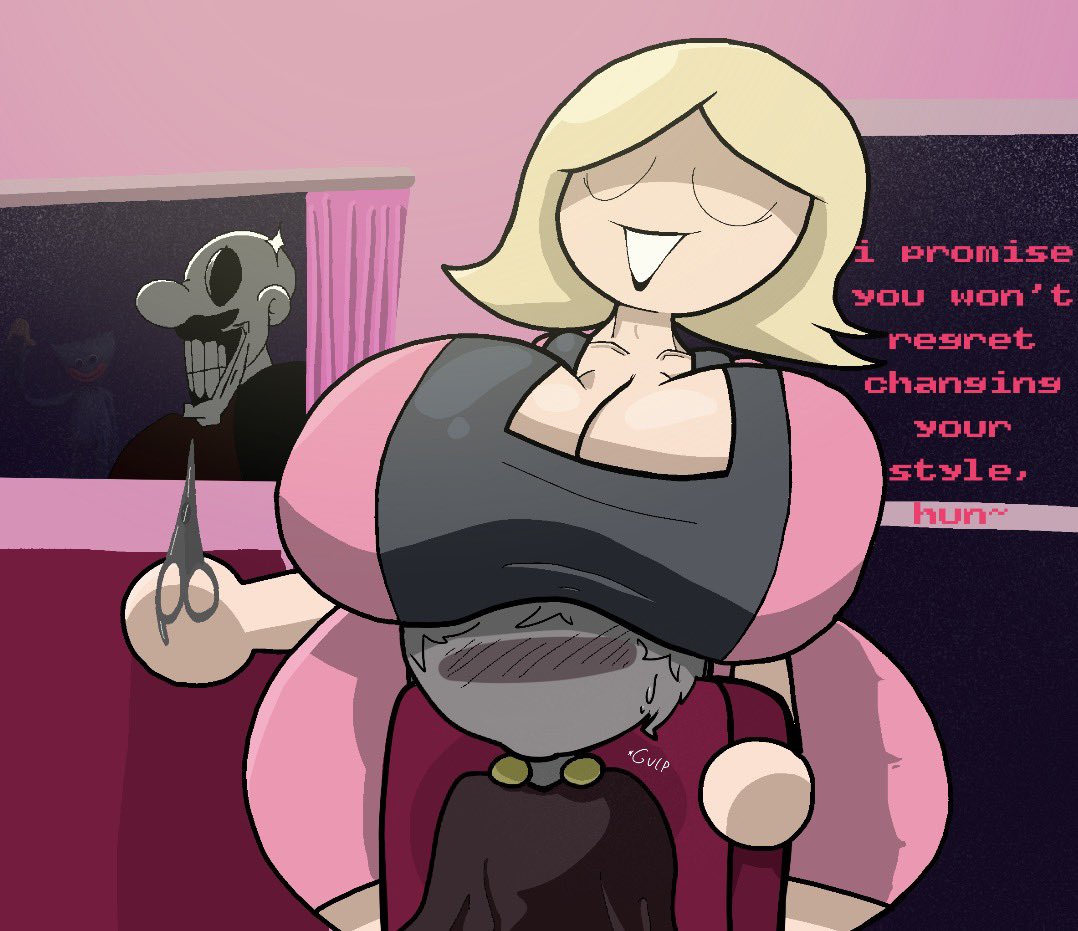 1girls, background character, big breasts, blonde female, blush, breasts bigger than head, breasts on head, cleavage, closed eyes, clothed, dialogue, english text, hairdresser (pillar chase 2), hips wider than shoulders, pillar chase 2, pizza rd, roblox, roblox game, scissors, short hair, size difference, smile, tagme, text, thick thighs, thighs, tight clothing