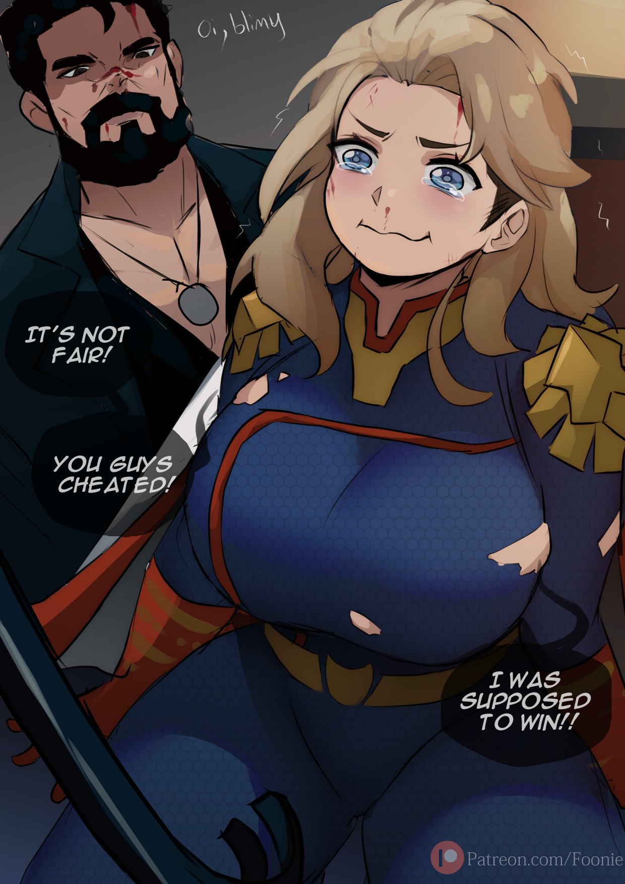 1boy, 1girls, aqua face, big breasts, billy butcher, black eyes, black hair, blonde hair, blue eyes, breasts, closed mouth, clothed, clothed female, clothed male, clothing, color, crying, defeated, dialogue, dominant male, english text, female, female focus, femlander, femsub, foonie xd, fully clothed, genderswap, genderswap (mtf), homelander, human, large breasts, light skin, light-skinned female, male, maledom, on floor, on ground, on knees, pout, rule 63, submissive female, text, the boys, thick thighs, thighs, torn clothes, torn clothing, twitter link, whining, wide hips