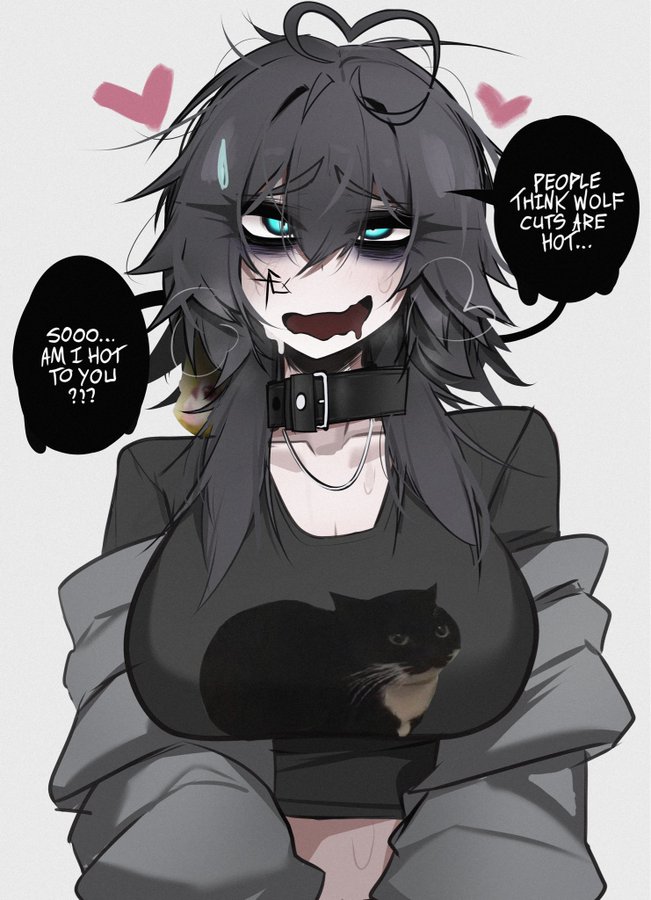 1girls, big breasts, black hair, blue eyes, breasts, clothed, clothed female, clothing, collar, color, dialogue, dog collar, drooling, english text, female, female focus, female only, fully clothed, girlfailure, glitchace, heart, human, human only, light skin, long hair, looking at viewer, maxwell, open eyes, open mouth, open smile, original, original character, pearto, simple background, smile, standing, sweat, sweatdrop, talking to viewer, text, twitter link, white background, wolf cut
