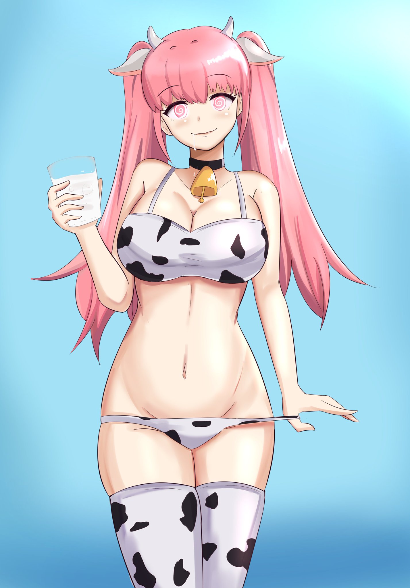 1girls, alternate costume, breasts, colored, cow bell, cow bell collar, cow girl, cow print, cow stockings, ears, fire emblem, fire emblem: three houses, happy trance, hilda valentine goneril, horns, hypnosis, hypnotic eyes, hypnotized, intelligent systems, large breasts, leggings, light skin, light-skinned female, looking at viewer, milk, mind control, navel, nintendo, pink eyes, pink hair, pulling panties, simple background, smile, smiling at viewer, solo, swirly eyes, tagme, thick thighs, thighs, twintails, valvalis