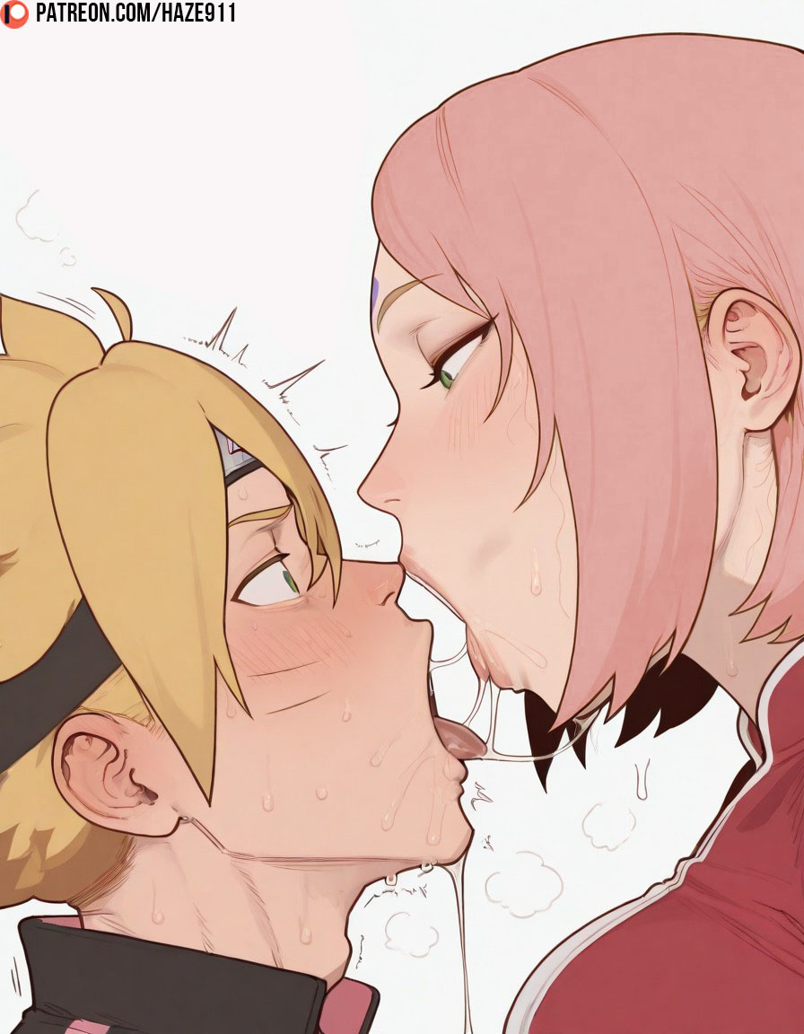 1boy, 1girls, after kiss, age difference, ai generated, blonde hair, blush, boruto: naruto next generations, facial mark, forehead mark, french kiss, green eyes, haze911, hetero, kiss, kissing, looking at another, naruto, naruto (series), naruto shippuden, pink hair, sakura haruno, saliva, saliva drip, saliva string, saliva trail, short hair, sweat, tongue, tongue kiss, tongue out, uzumaki boruto