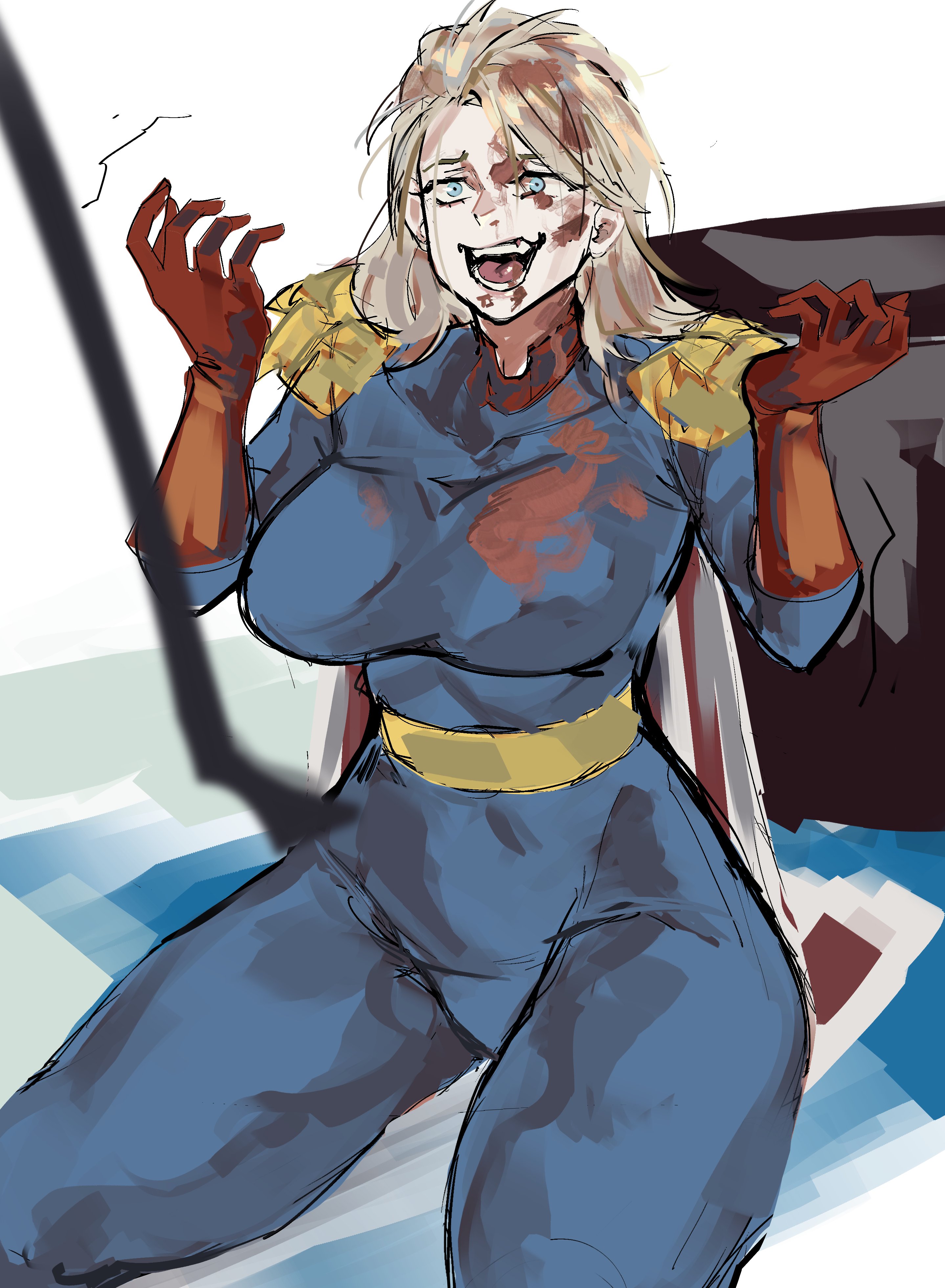 1boy, 1girls, big breasts, billy butcher, blonde hair, canonical scene, clothed, clothed female, clothing, color, female, female focus, femlander, femsub, flopartist r, fully clothed, genderswap, genderswap (mtf), homelander, light skin, long hair, looking at partner, male, meme, on floor, on ground, on knees, open eyes, open mouth, rule 63, scene interpretation, scene reference, simple background, submissive female, the boys, thick thighs, twitter link, wide hips