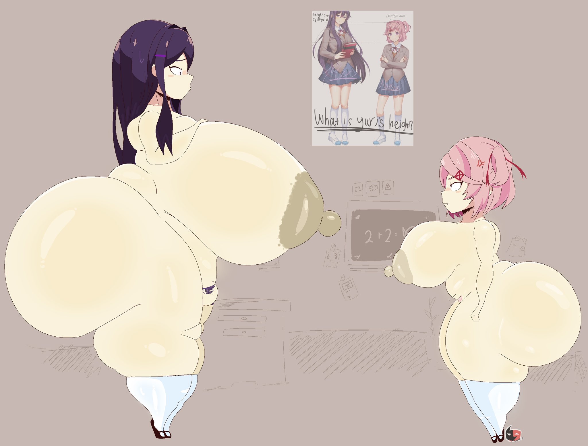 2girls, ass bigger than head, big ass, big breasts, breasts, breasts bigger than head, bubble butt, copysky777, doki doki literature club, female, female only, hyper, hyper ass, hyper breasts, lafreakysky, natsuki (doki doki literature club), nude, pubic hair, shortstack, size difference, tagme, tall female, taller female, yuri (doki doki literature club)