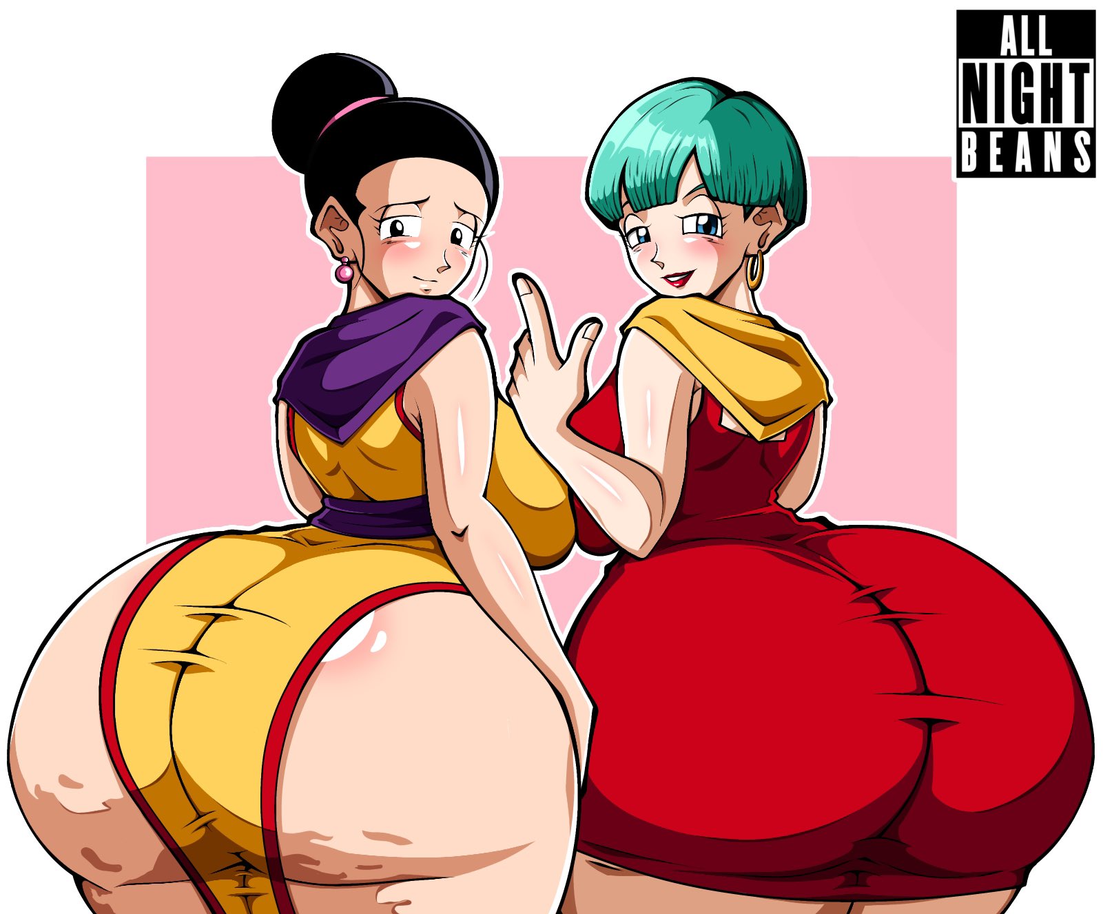 2d, 2d (artwork), 2girls, ass, ass focus, ass in dress, back, back view, backboob, big ass, big breasts, black eyes, black hair, blue eyes, blue hair, blush, breasts, bubble ass, bubble butt, bulma briefs, cellulite, chichi, dragon ball, ear piercing, earrings, female, female only, hair bun, half-closed eyes, hoop earrings, huge ass, large ass, looking at viewer, mature, mature female, mature woman, milf, mother, pelvic curtain, red dress, redbean arts, short dress, tied hair, yellow dress