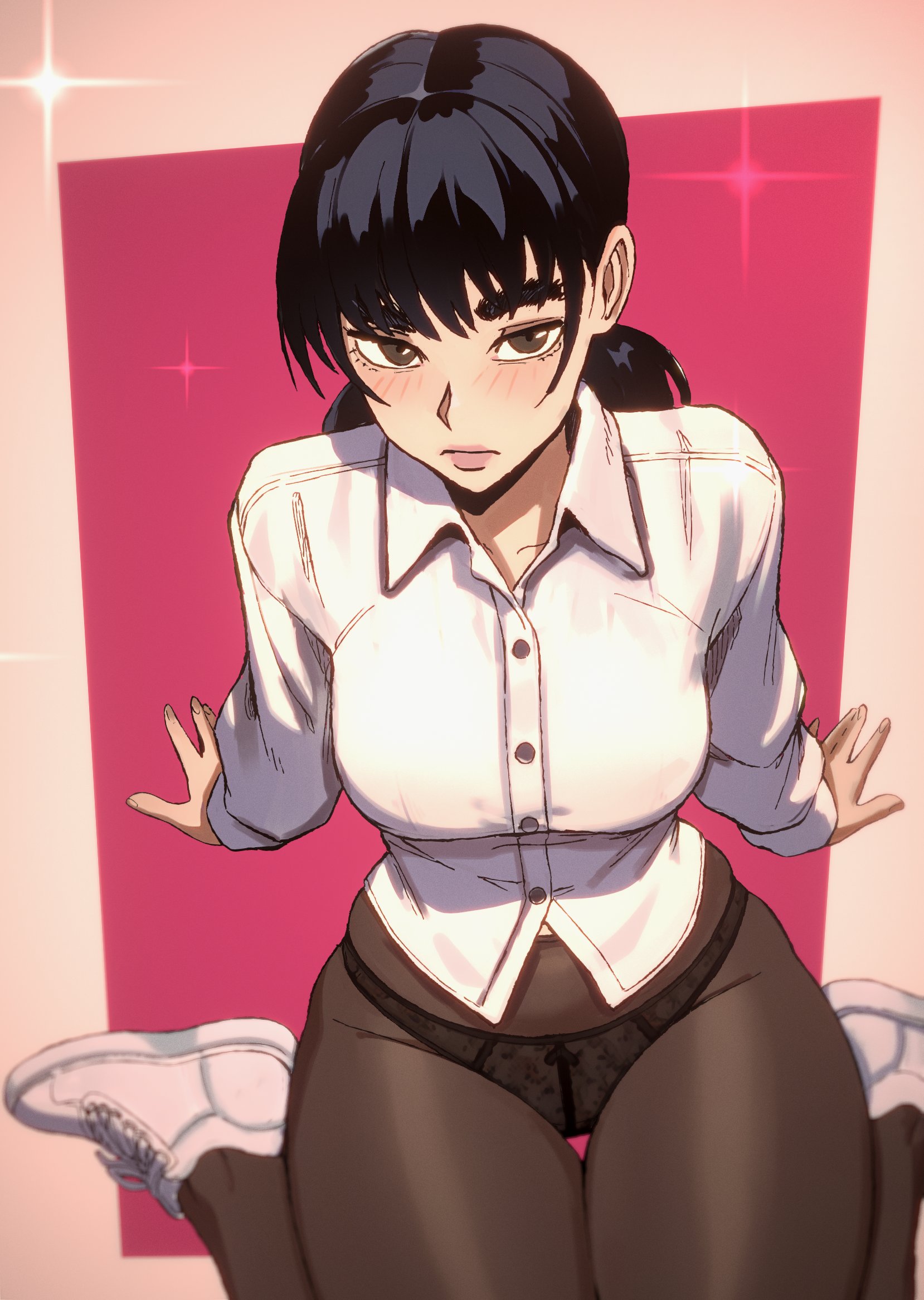 1girls, big breasts, black hair, black pantyhose, blush, blushing, breasts, brown eyes, busty, chainsaw man, clothed, clothing, female, female only, hourglass figure, huge breasts, kneeling, large breasts, mitaka asa, panties, pantyhose, shirt, shoes, slim waist, thick, thick thighs, thigh gap, thighs, tight clothing, wide hips, xandredarium