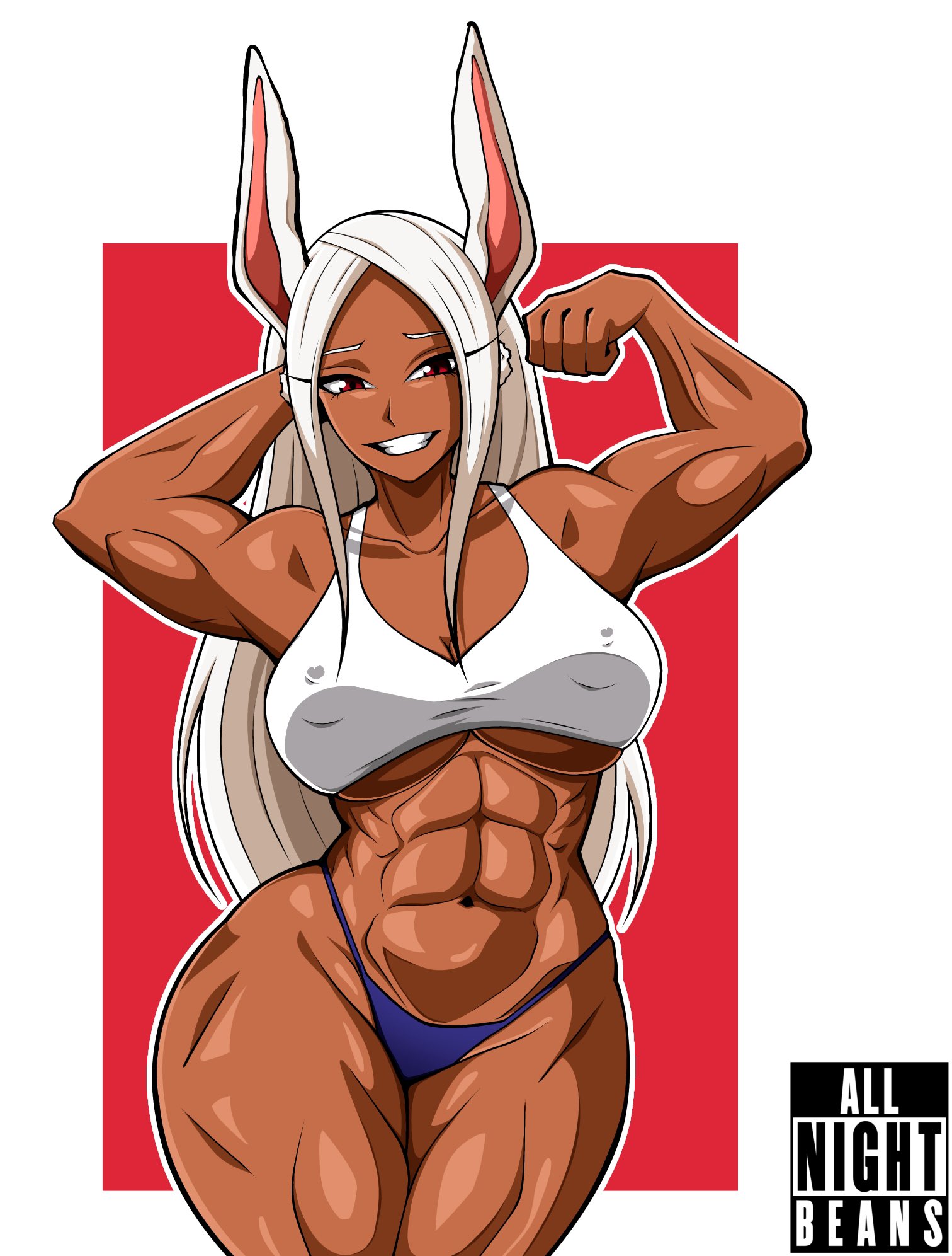 1girls, abs, animal ears, arm behind head, big breasts, bottomwear, breasts, bunny ears, female, female only, flexing, hair, hips, long hair, mirko, miruko, muscles, muscular, muscular female, my hero academia, nipple bulge, purple thong, red eyes, redbean arts, rumi usagiyama, smile, solo, solo female, tank top, thick thighs, thighs, thong, topwear, underwear, white hair, white tank top, wide hips