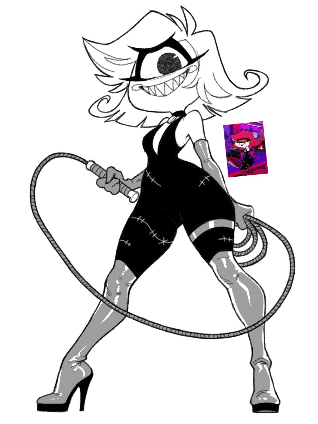 black and white, blush, boots, choker, cleavage, cyclops, dominatrix, femdom, fuck me boots, gloves, hazbin hotel, high heel boots, high heels, holding, holding object, niffty, one eye, onesie, sensible dude2, sharp teeth, short hair, slim waist, small breasts, smile, tagme, thick thighs, tight clothing, voluptuous, wide hips