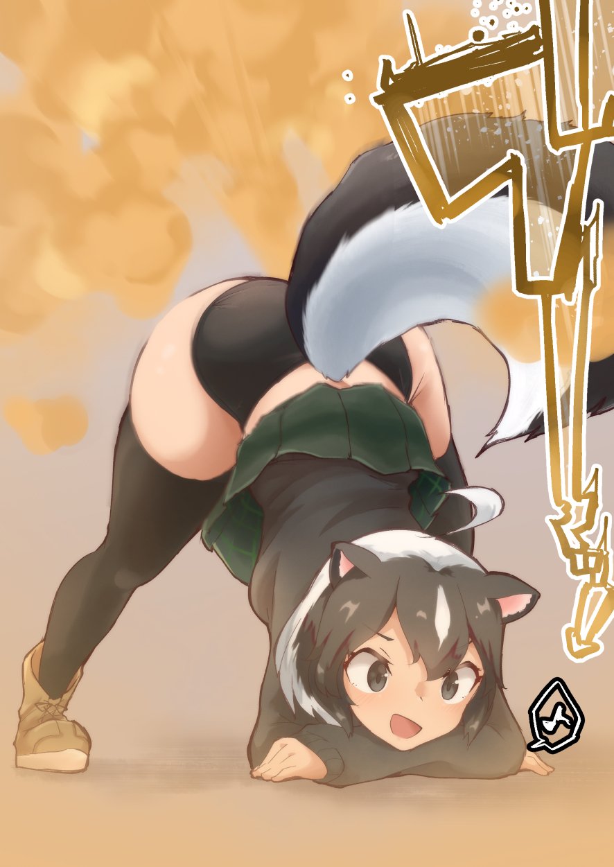 1girls, 2d, 2d (artwork), anthro, anthro female, anthro only, ass, ass bigger than head, ass focus, ass raised, bending, bending down, bending over, big ass, big hips, big thighs, bigger female, black and white fur, black and white hair, black eyes, black long sleeves, black panties, black sweater, black thighhighs, boots, booty, booty focus, brown boots, brown fart, brown gas, clothed, clothed female, enjoying, enjoying farting, expressions, expressive, face down ass up, fart, fart cloud, fart everywhere, fart fetish, farting, farting in air, farts, female, female focus, furry, furry female, furry only, gas, gassy, gassy ass, gassy female, green skirt, grey background, hips, hips wider than shoulders, jack-o pose, japanese, japanese dialogue, japanese female, japanese text, kemono friends, kemonomimi, larger female, light skin, light-skinned female, long sleeves, music note, nekosu, onomatopoeia, panties, posing, posing for the viewer, raised ass, raised tail, raising tail, short hair, skirt, skirt lift, skunk, skunk ears, skunk girl, skunk spray, skunk stripe, skunk tail, smell, smelly, smelly ass, smelly farts, smiling, stink, stink fumes, stink lines, stinky, stinky ass, stinky fart, striped skunk, striped skunk (kemono friends), sweater, sweater dress, tail raised, thick, thick ass, thick hips, thick thighs, thighhighs, thighs, thighs bigger than head