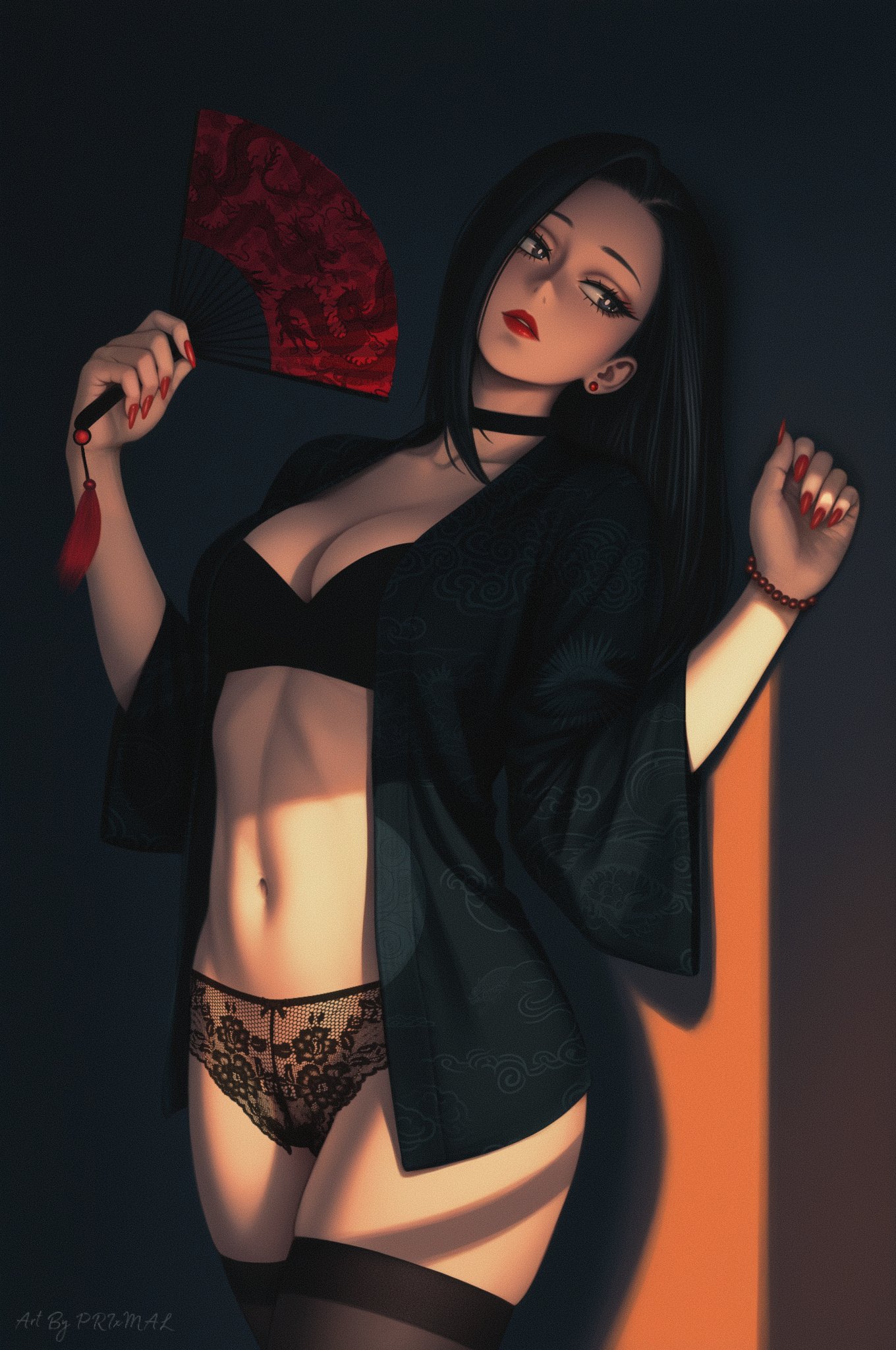 1girls, 2026, artist name, black hair, boku no hero academia, ear piercing, fangs, female, female only, female torso, highres, lacy panties, light skin, light-skinned female, lingerie, lipstick, momo yaoyorozu, my hero academia, nail polish, prixmal, solo, stockings, thighhighs, watermark